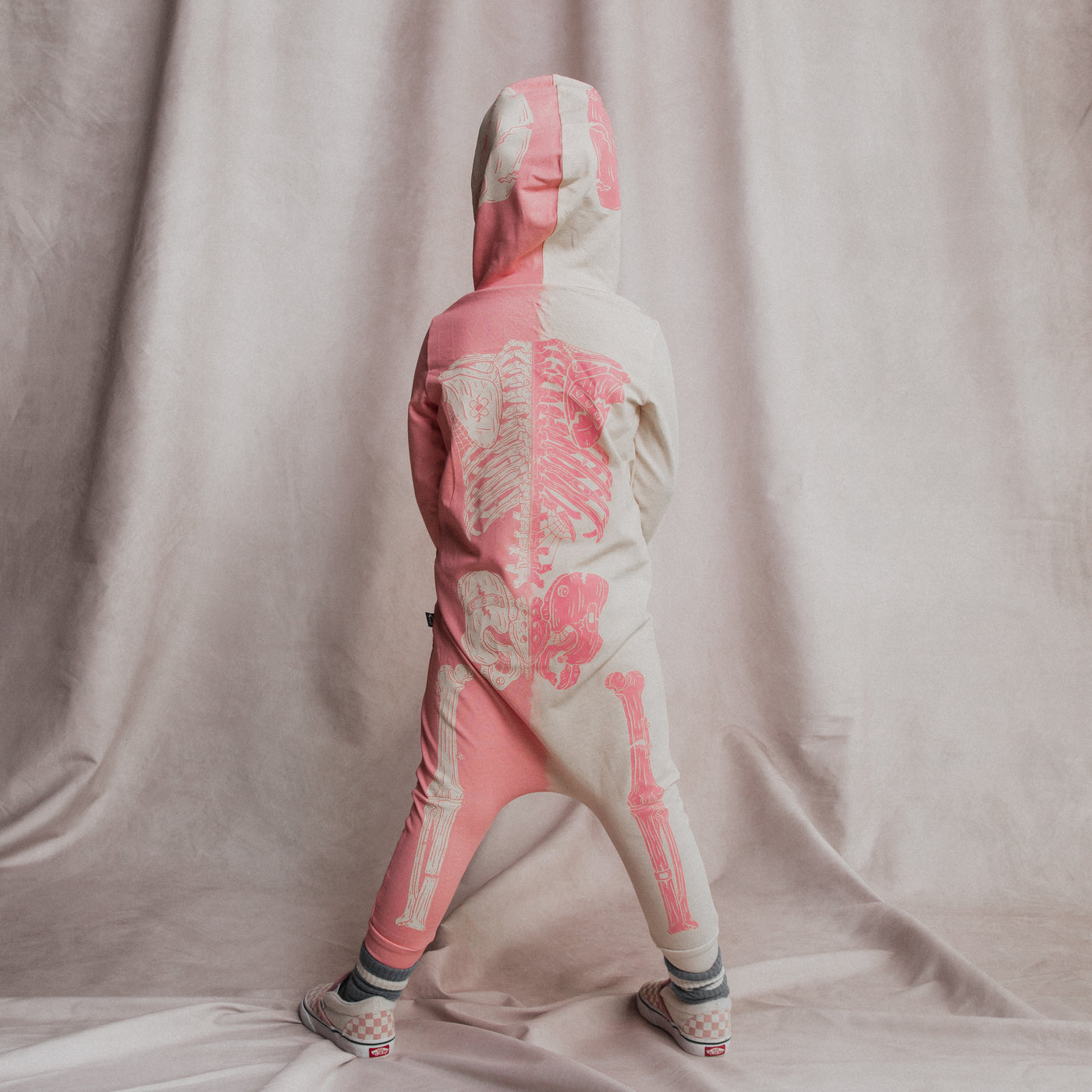 ***PREORDER*** Long Sleeve Hooded Rag Romper - 'Full Body Skelly' - Pink & White