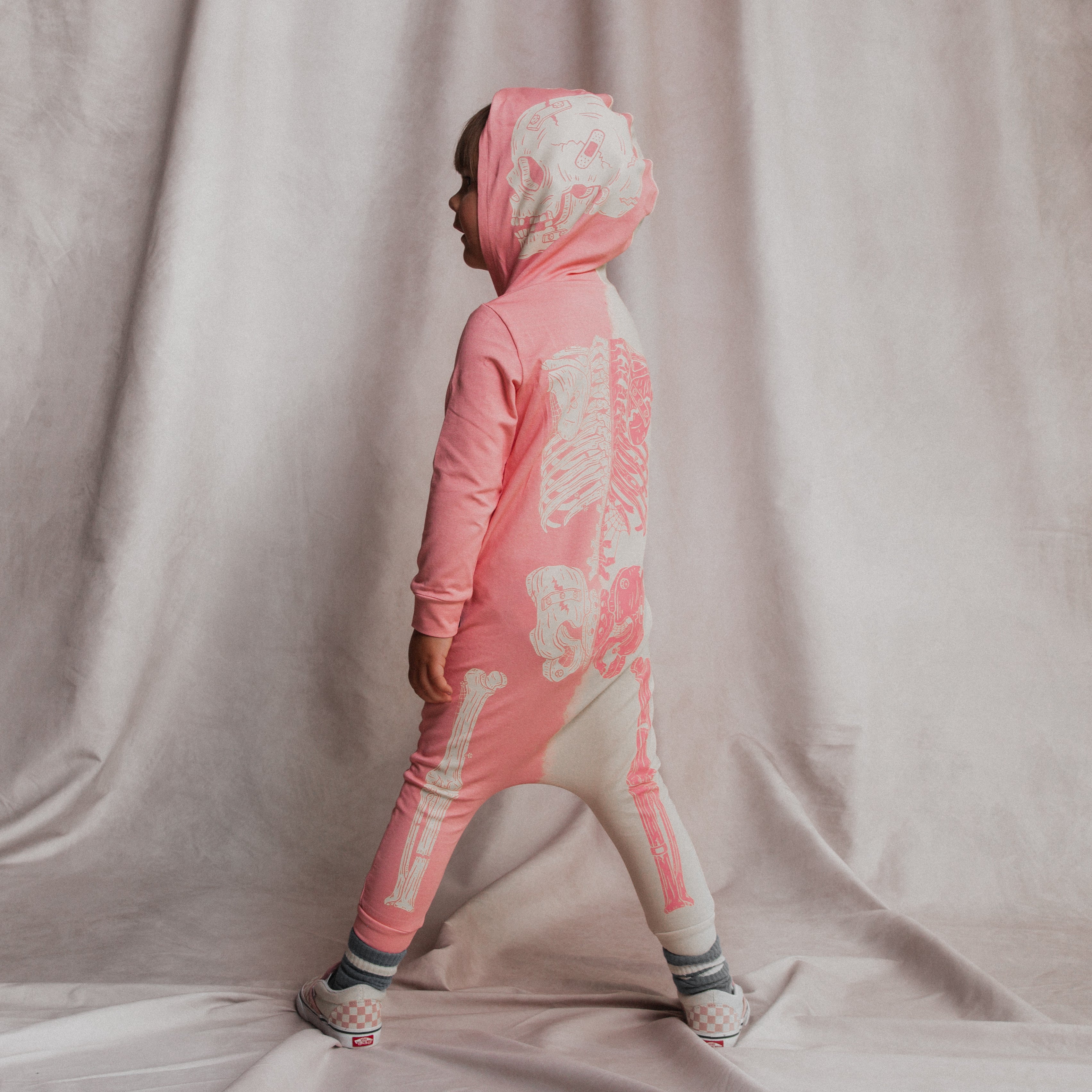 ***PREORDER*** Long Sleeve Hooded Rag Romper - 'Full Body Skelly' - Pink & White