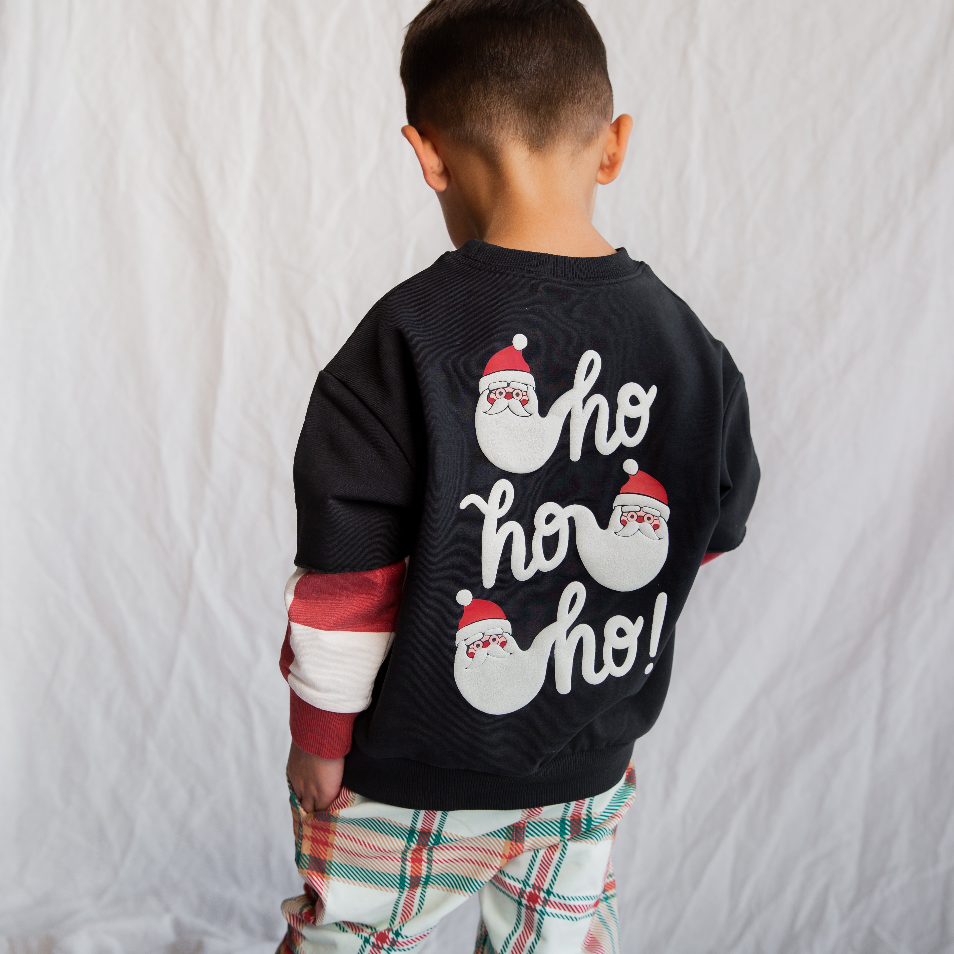 Drop Shoulder Crewneck - 'Ho Ho Ho' Holiday Check