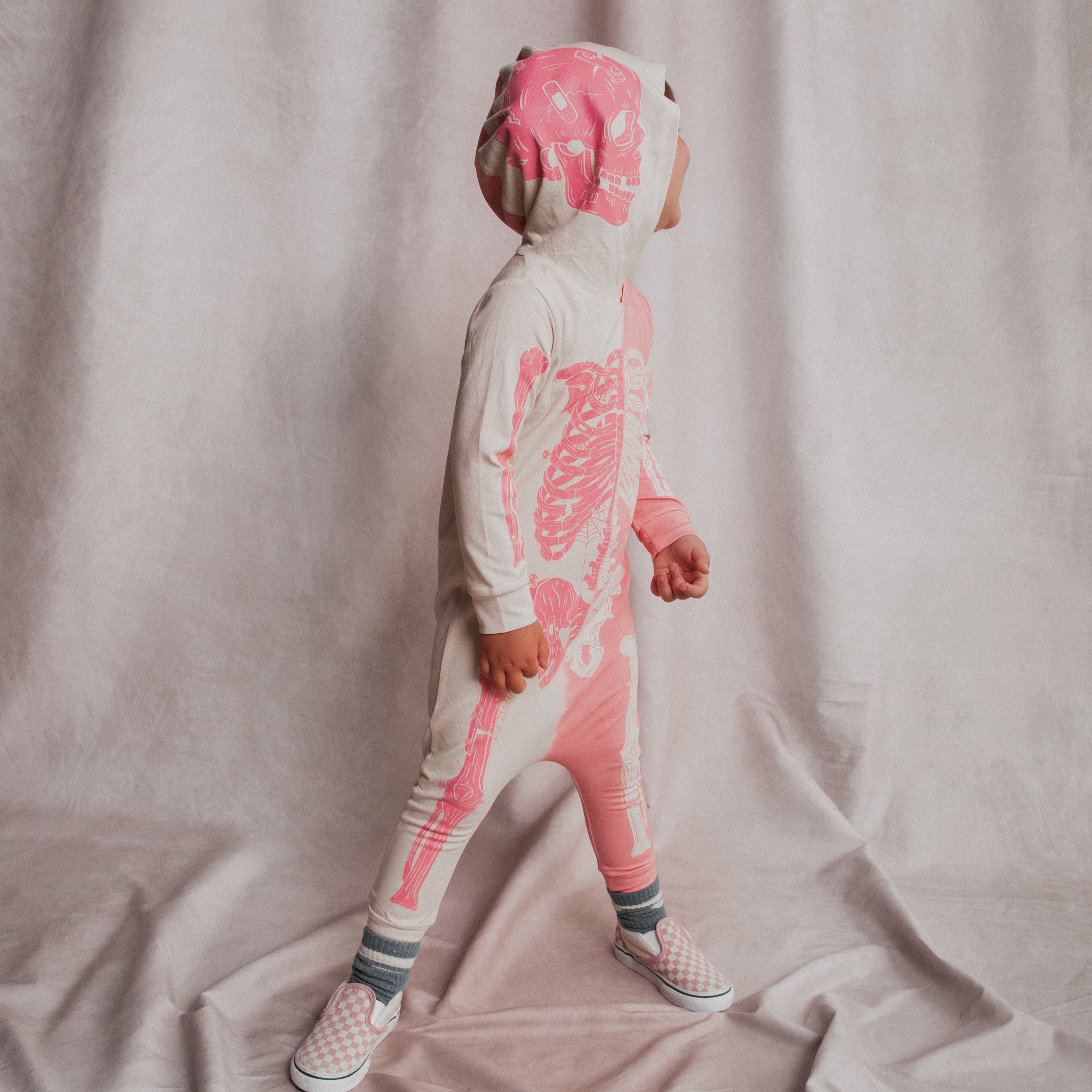 ***PREORDER*** Long Sleeve Hooded Rag Romper - 'Full Body Skelly' - Pink & White