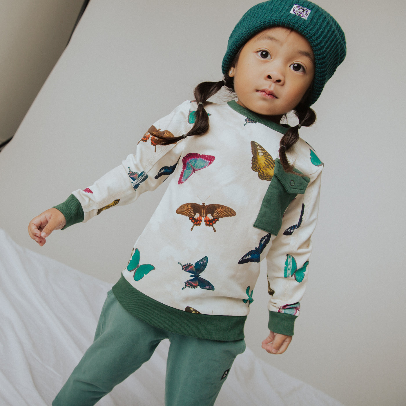 Drop Shoulder Pocket Kids Sweatshirt - 'Butterflies'