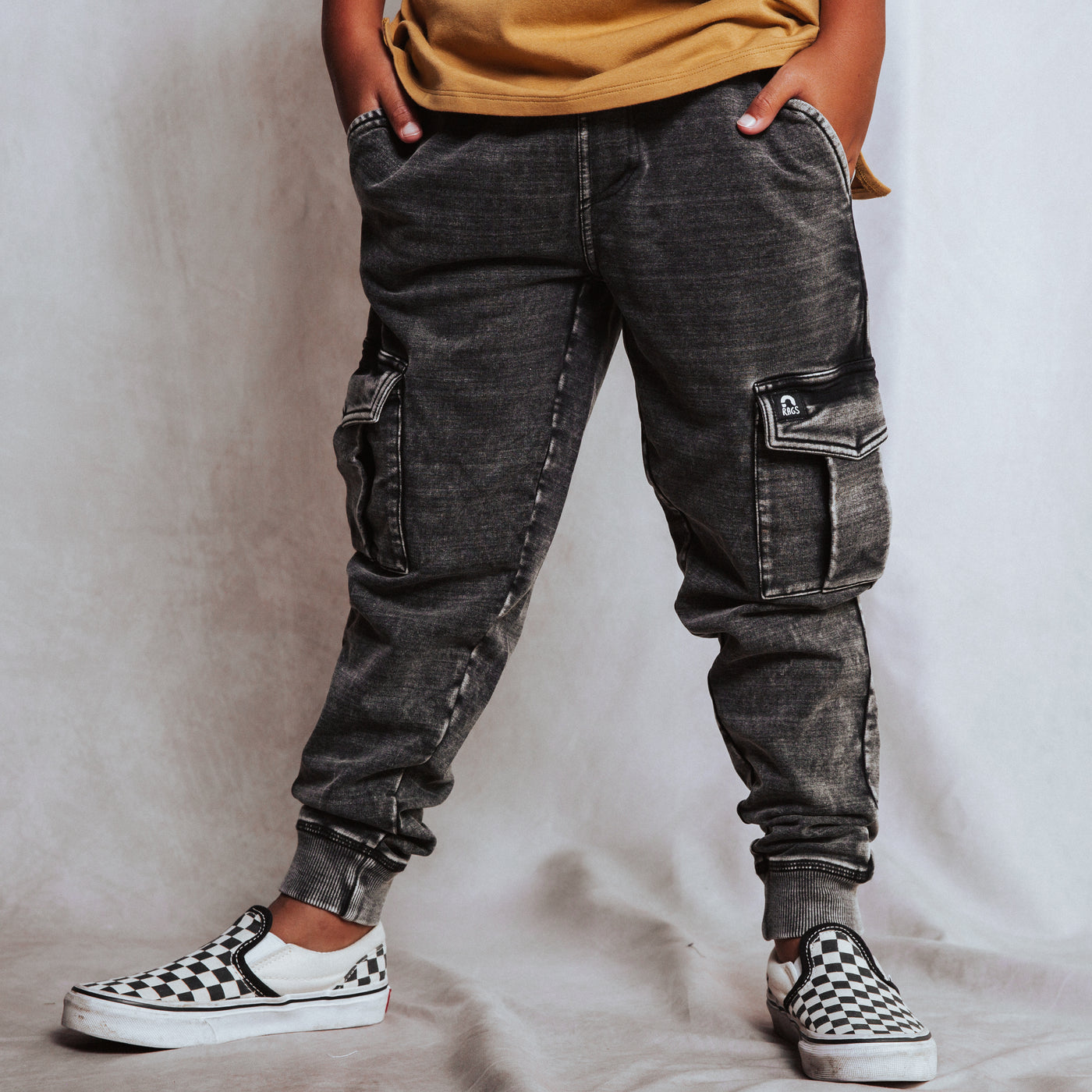 Relaxed Fit Cargo Joggers - Washed Black Denim