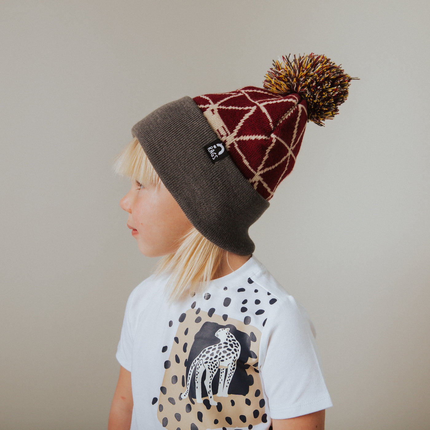 Pom Beanie - 'Maroon Triangles'