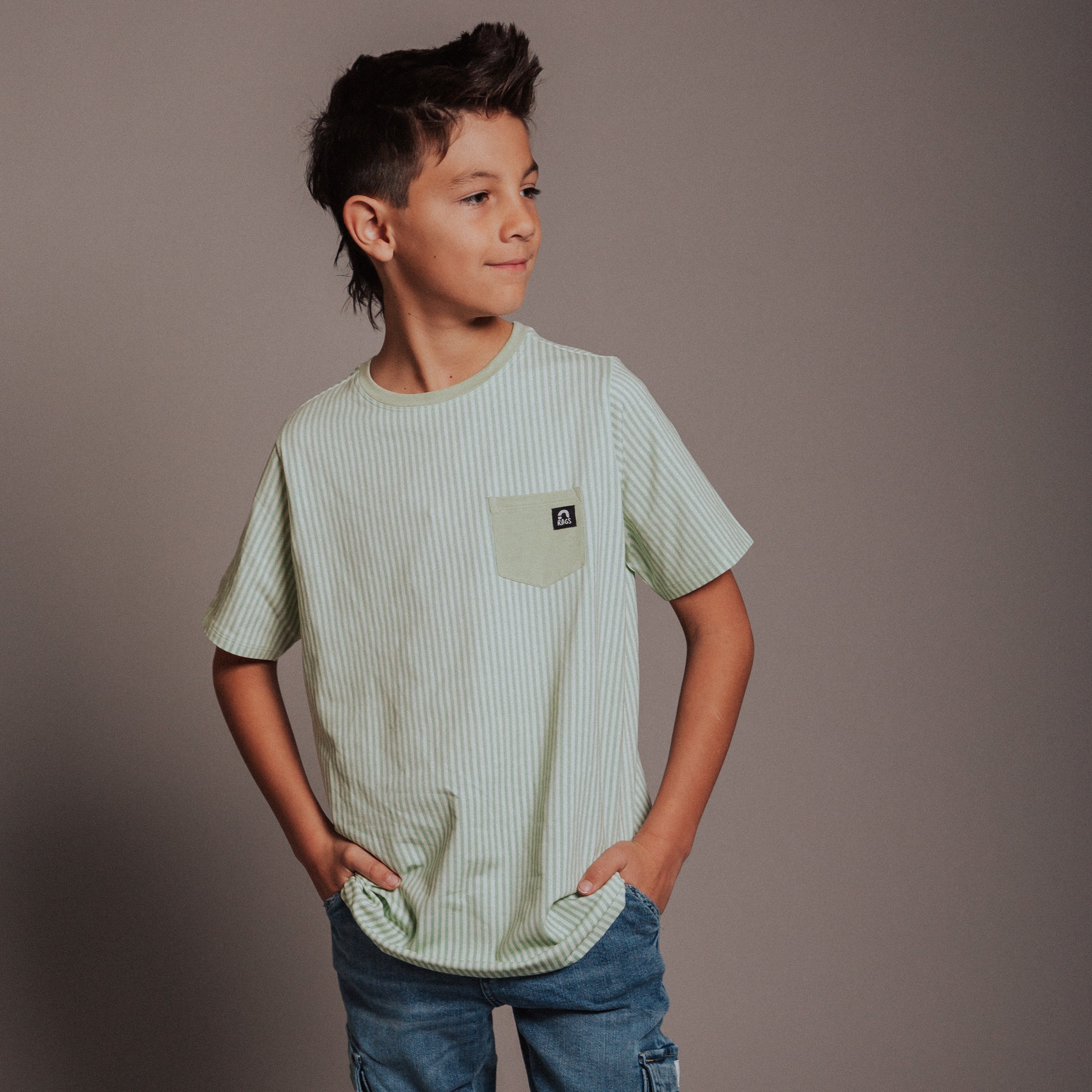 Short Sleeve Chest Pocket Kids Essentials Tee  - 'Sage Stripe'