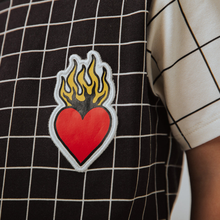 Short Sleeve Hip Pocket Rag Romper - 'Flaming Heart Patch' - Size 3-6M