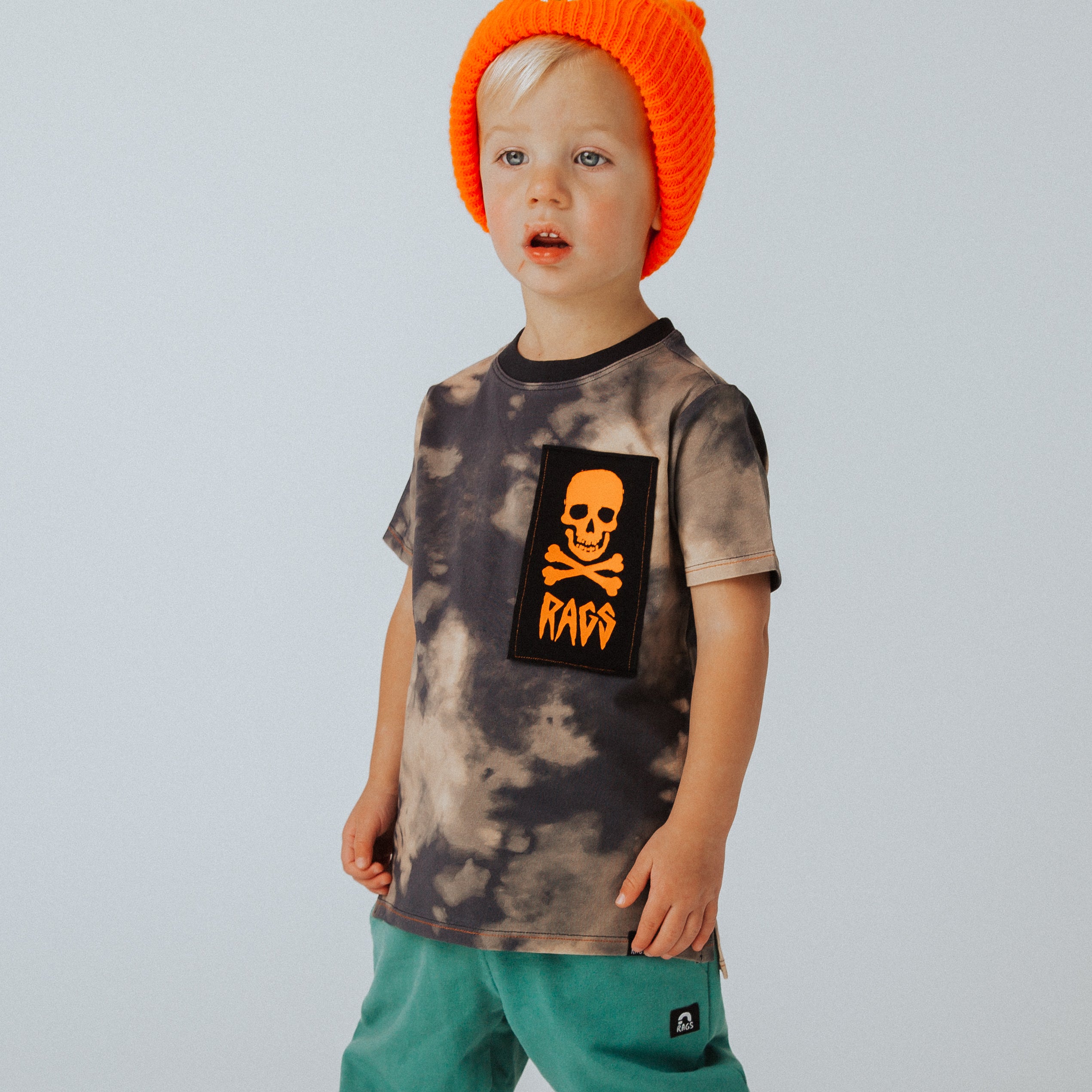 Short Sleeve Kids Tee - Vintage Bleach w/Neon Skull Patch