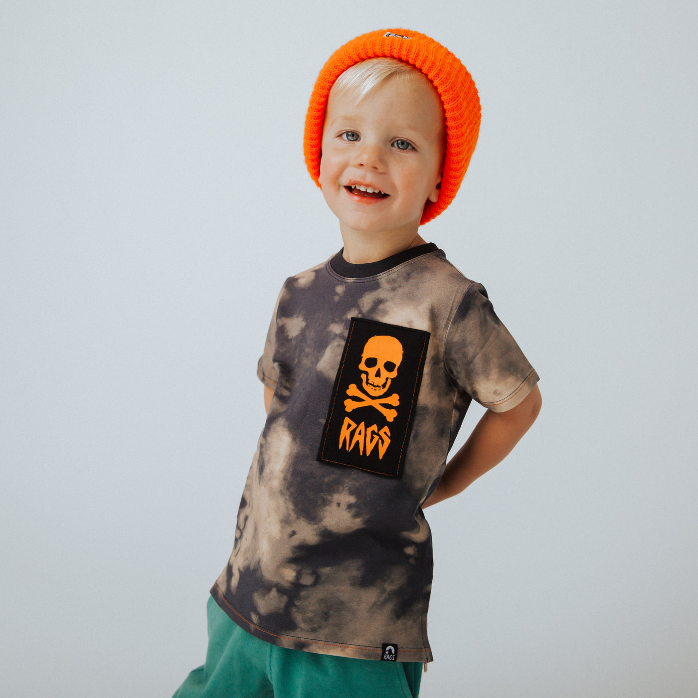 Short Sleeve Kids Tee - Vintage Bleach w/Neon Skull Patch