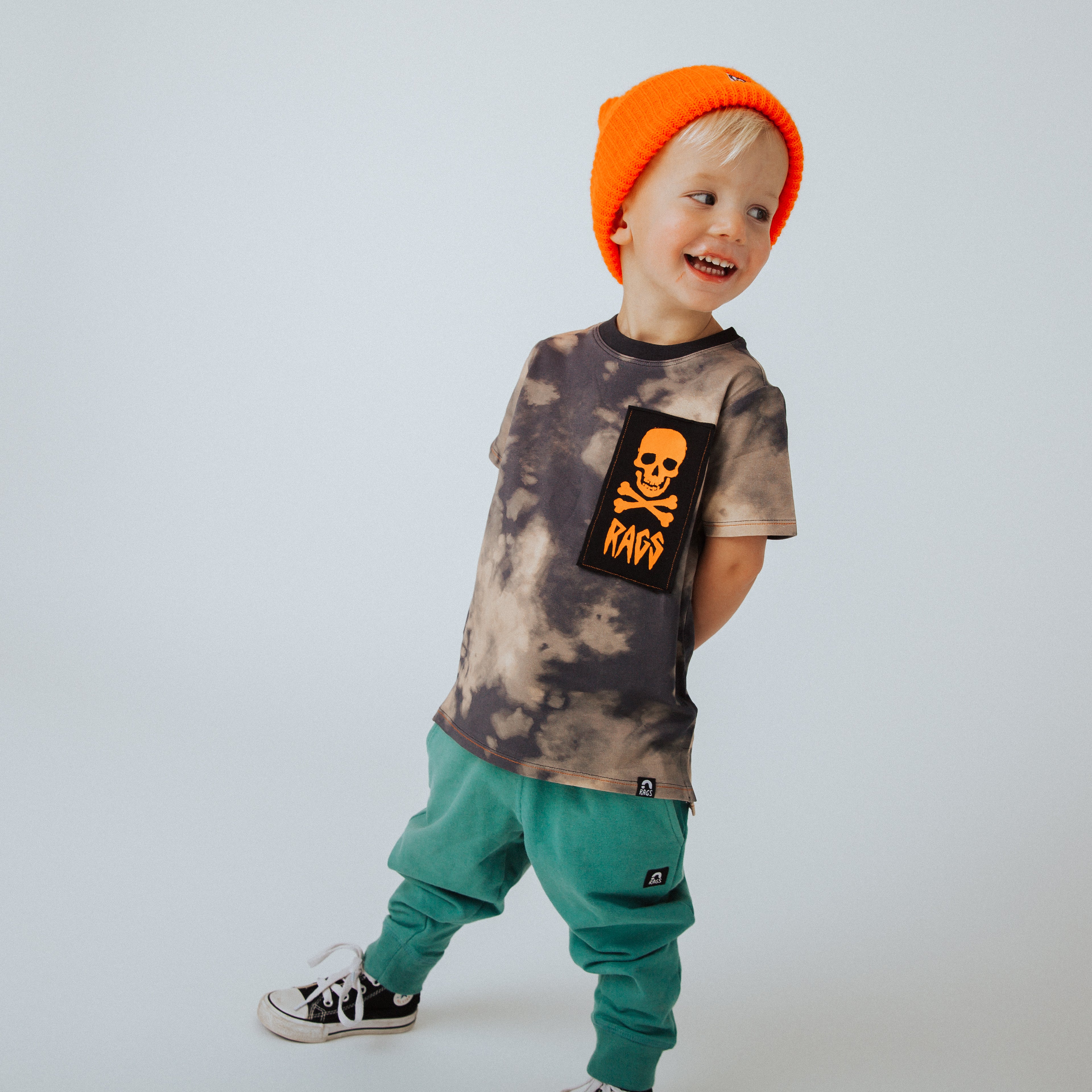 Short Sleeve Kids Tee - Vintage Bleach w/Neon Skull Patch