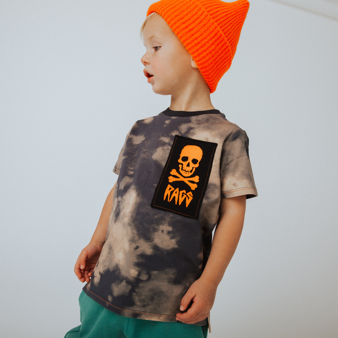 Short Sleeve Kids Tee - Vintage Bleach w/Neon Skull Patch