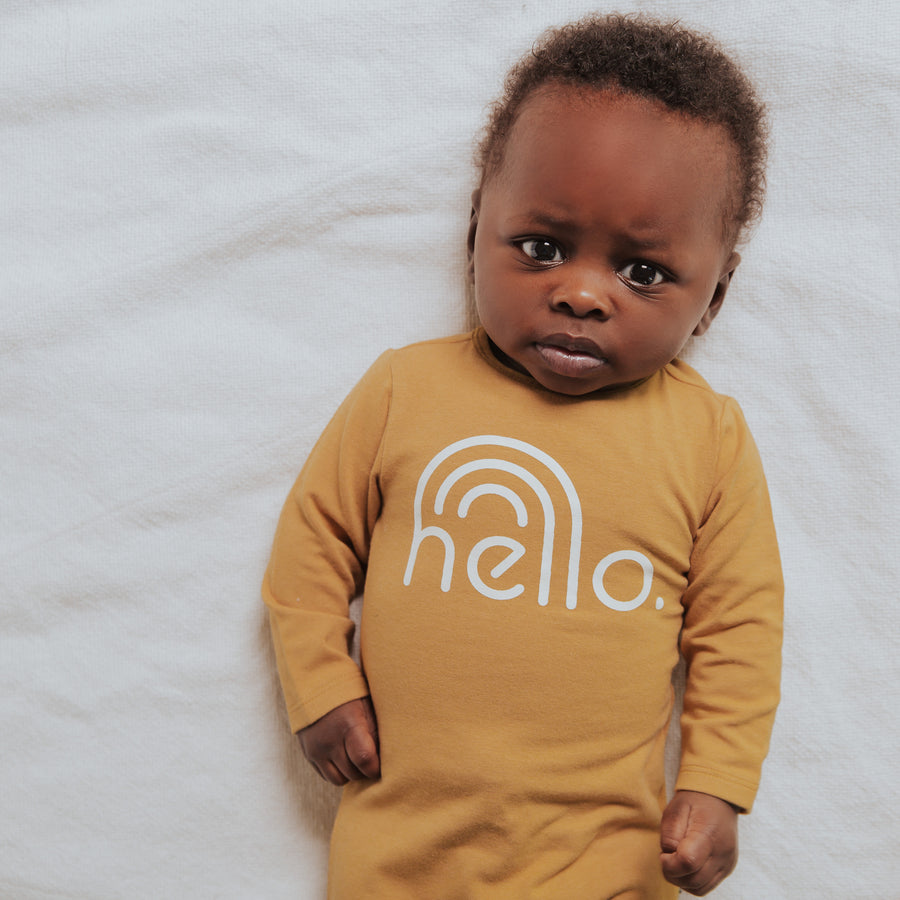 Peekabooty™ Rag Romper - 'Hello' in Curry