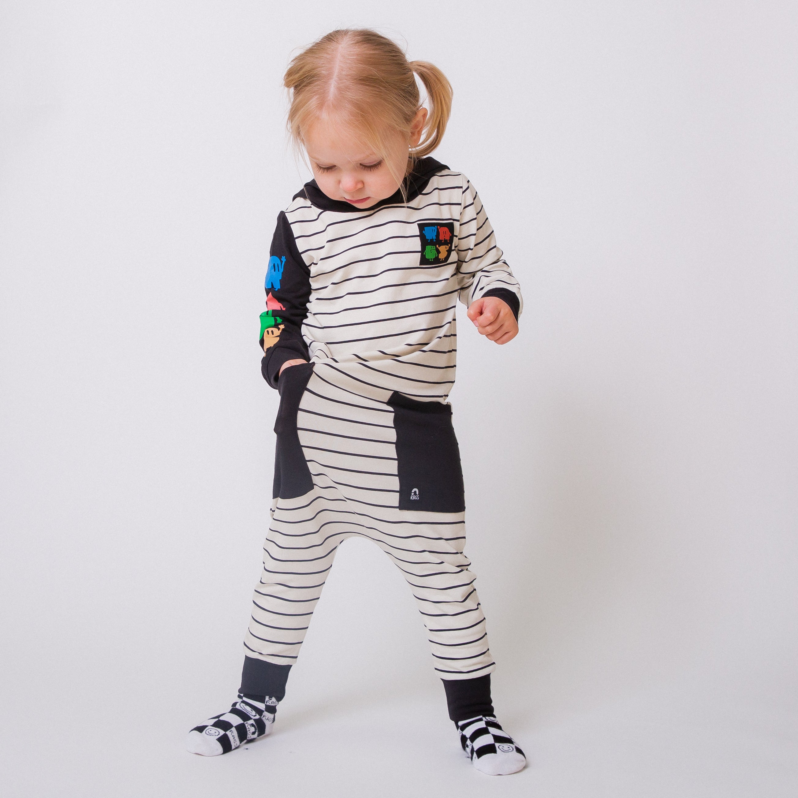 Rag Romper - 'Rags Peeps' - Black and Cream stripe