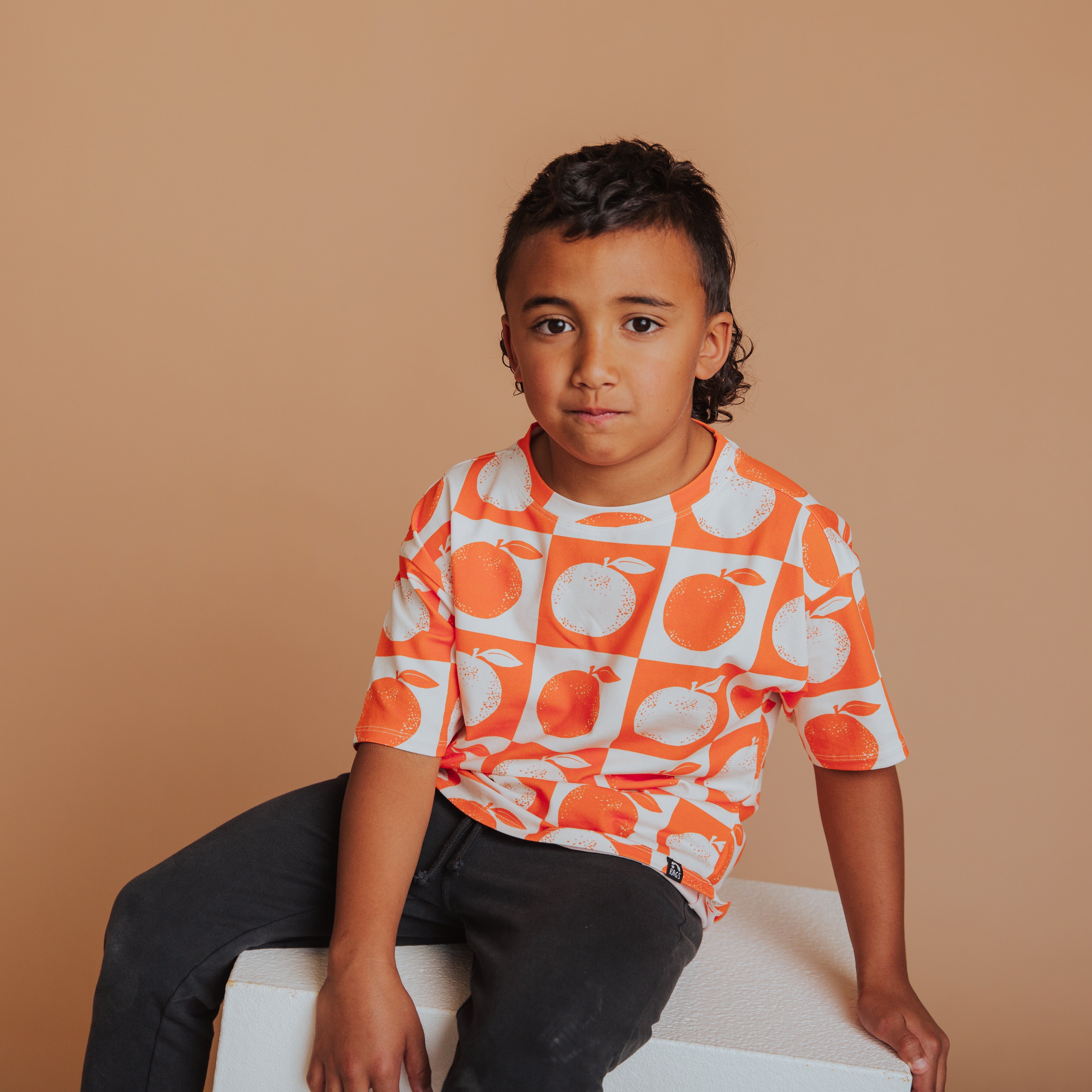 Drop Shoulder Kids Tee - Oranges Check