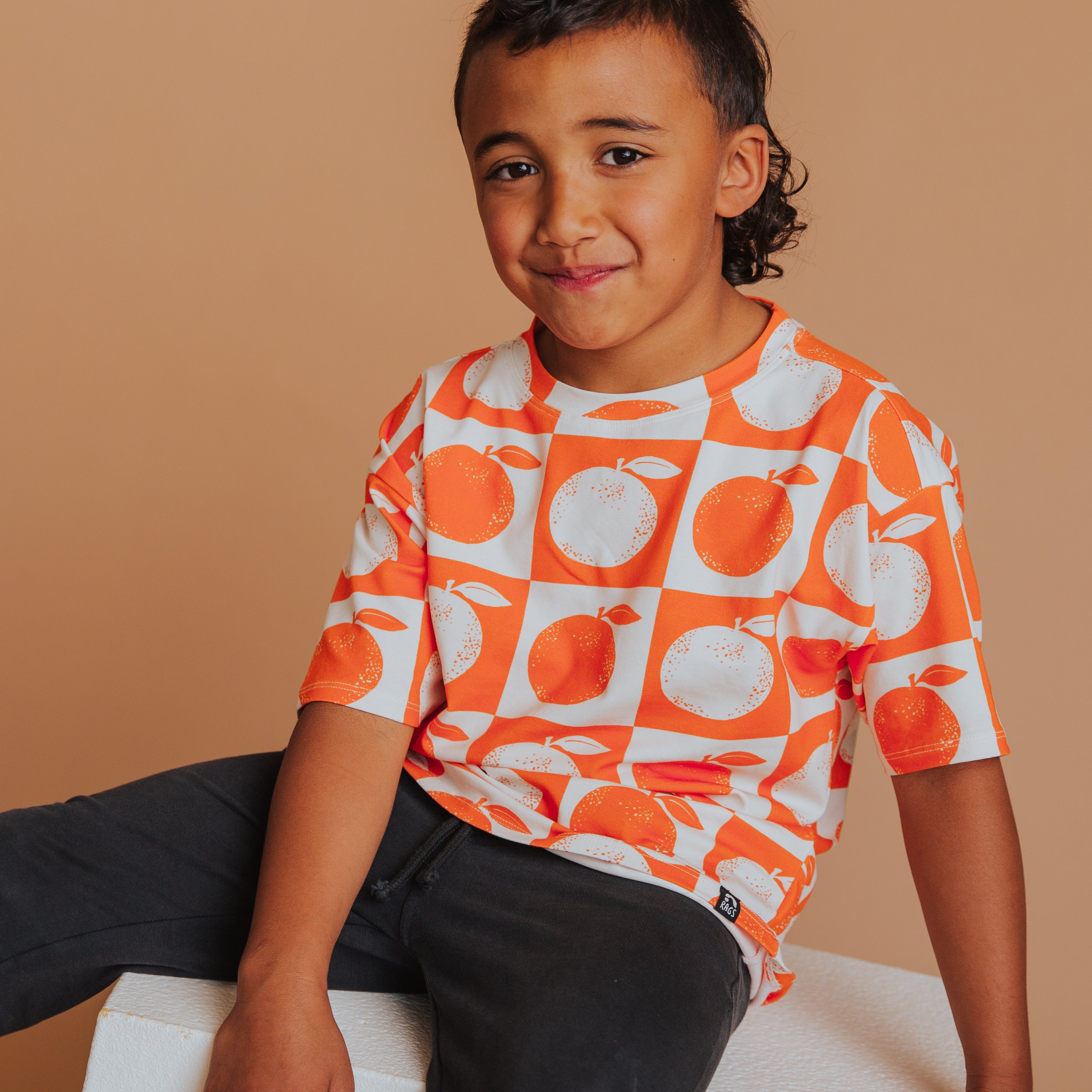 Drop Shoulder Kids Tee - Oranges Check