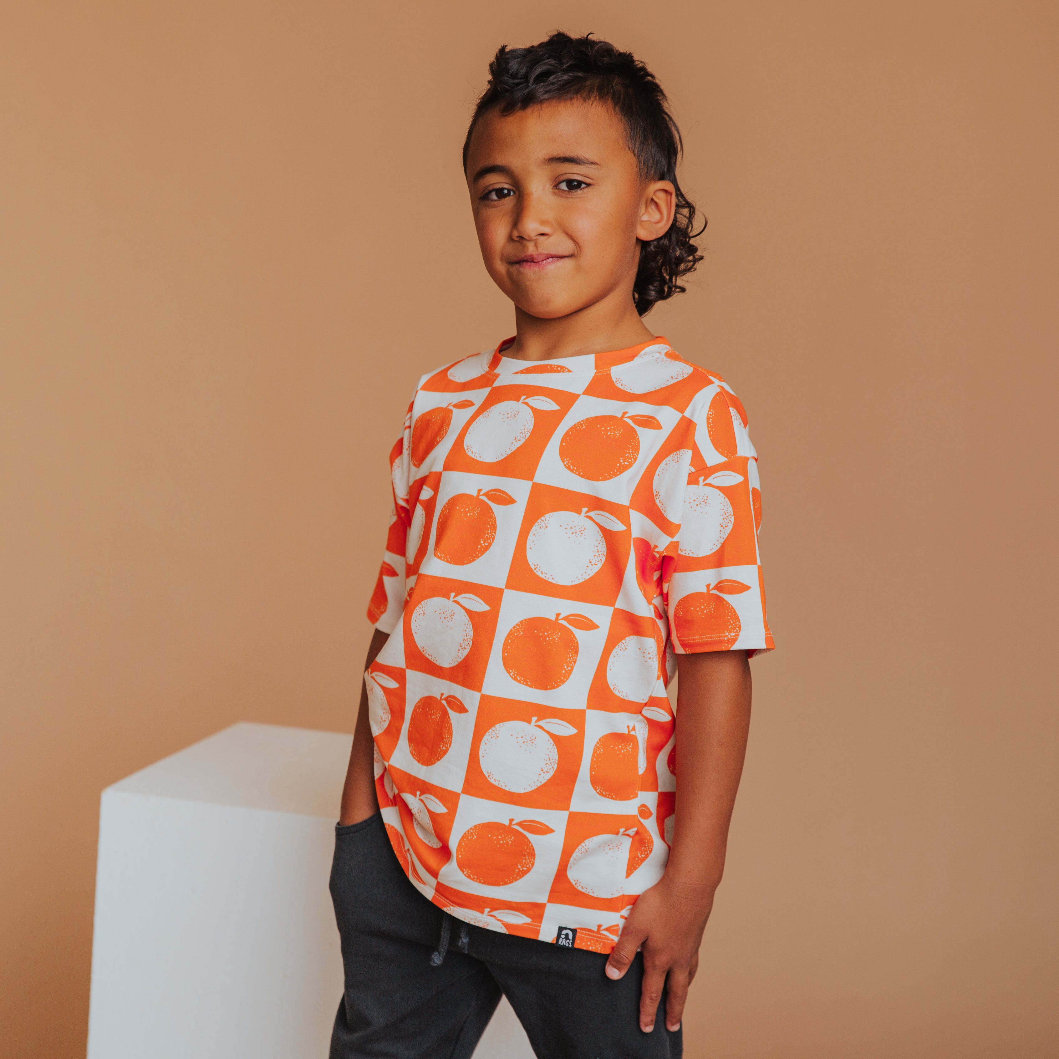 Drop Shoulder Kids Tee - Oranges Check