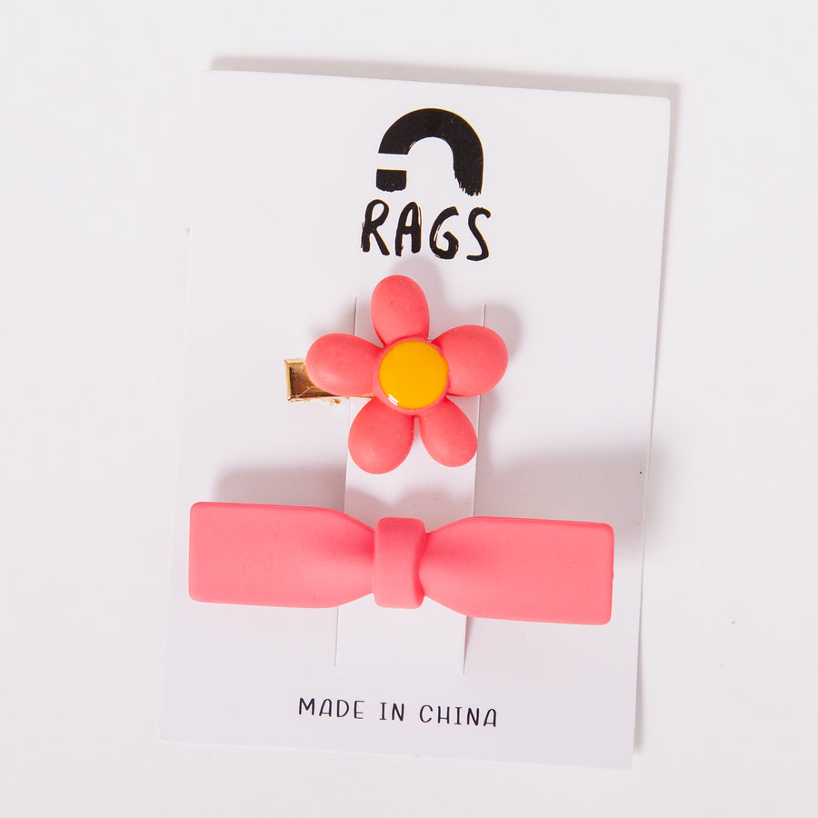 Hair Clips - 'Pink Flower & Bow'