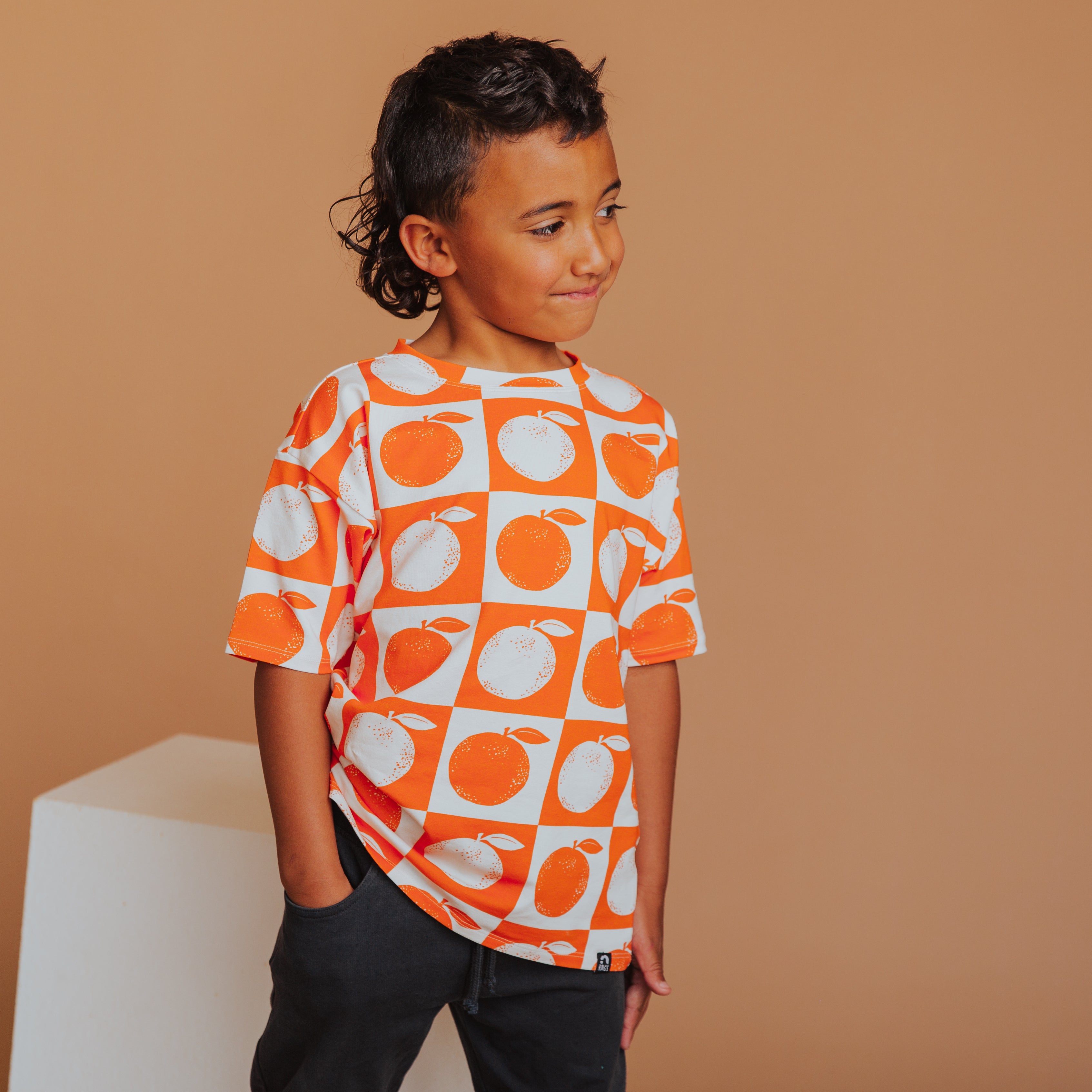 Drop Shoulder Kids Tee - Oranges Check