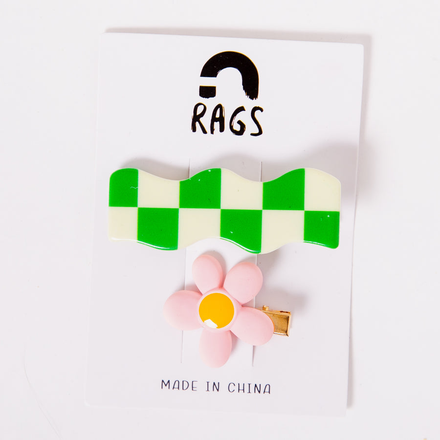 Hair Clips - 'Floral & Green Check'