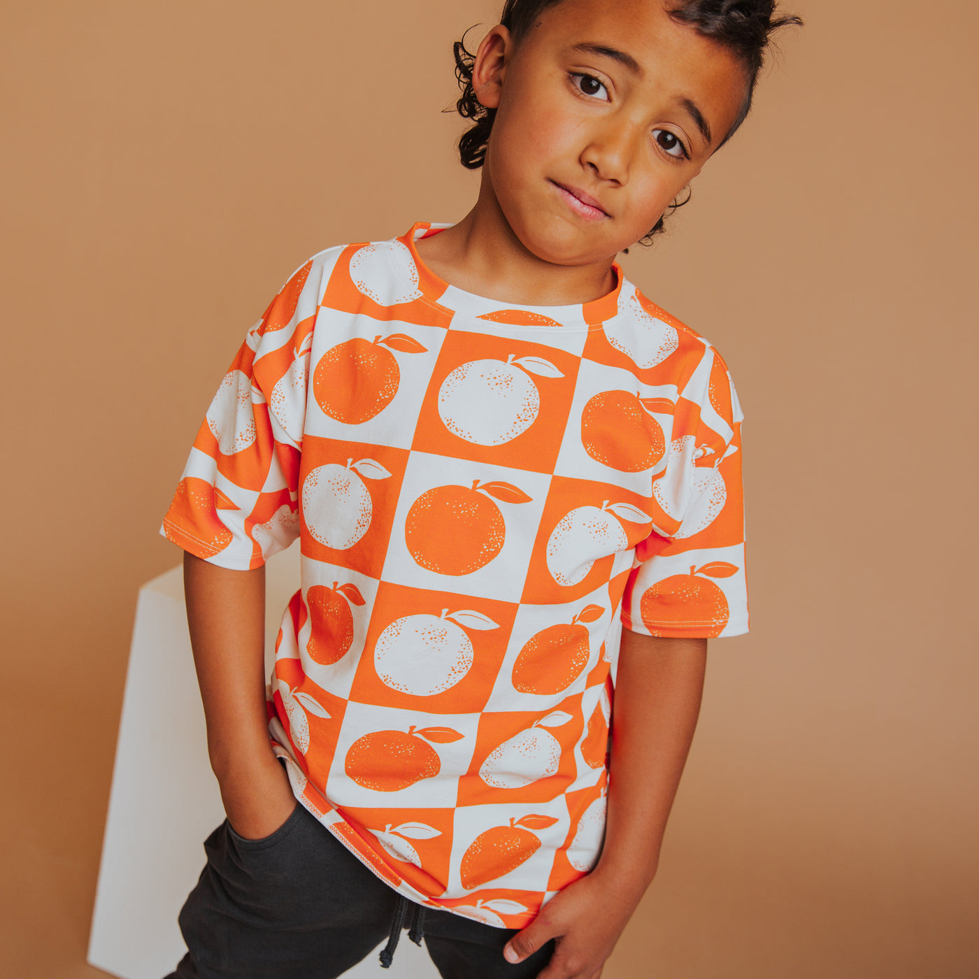 Drop Shoulder Kids Tee - Oranges Check