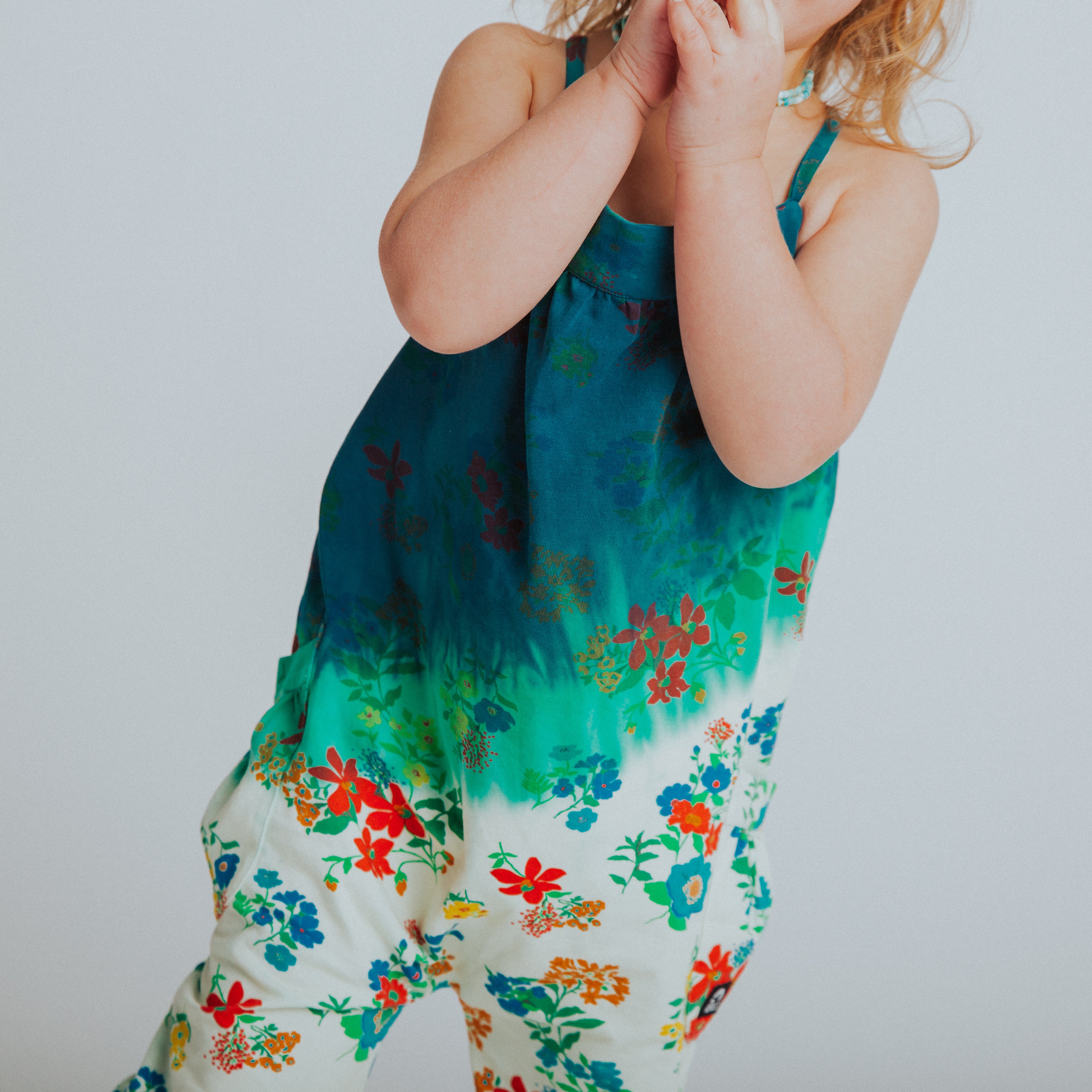 Gathered Strappy Tank Rag Romper With Side Pockets- Dip Dye Floral