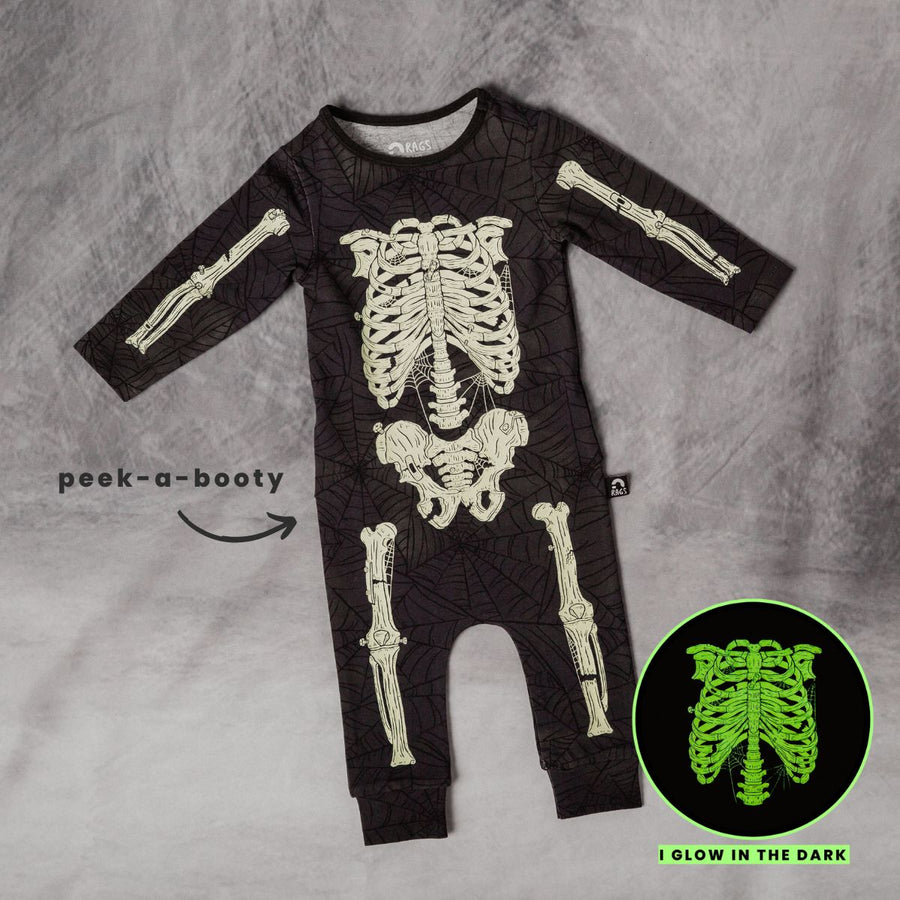 Peekabooty™ Rag Romper - 'Full Body Skelly' - Black