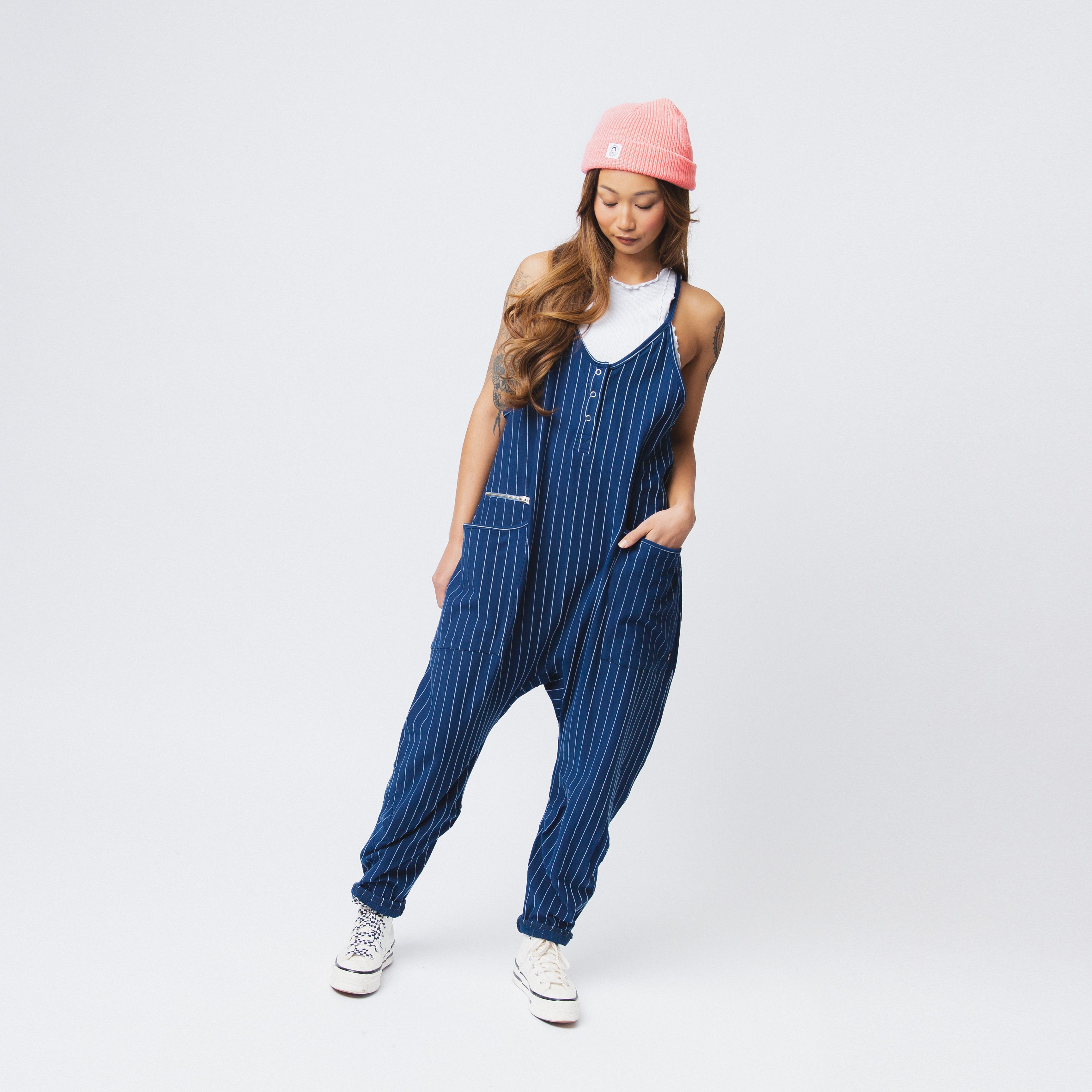 Women's Tank Romper - Blue Pinstripe