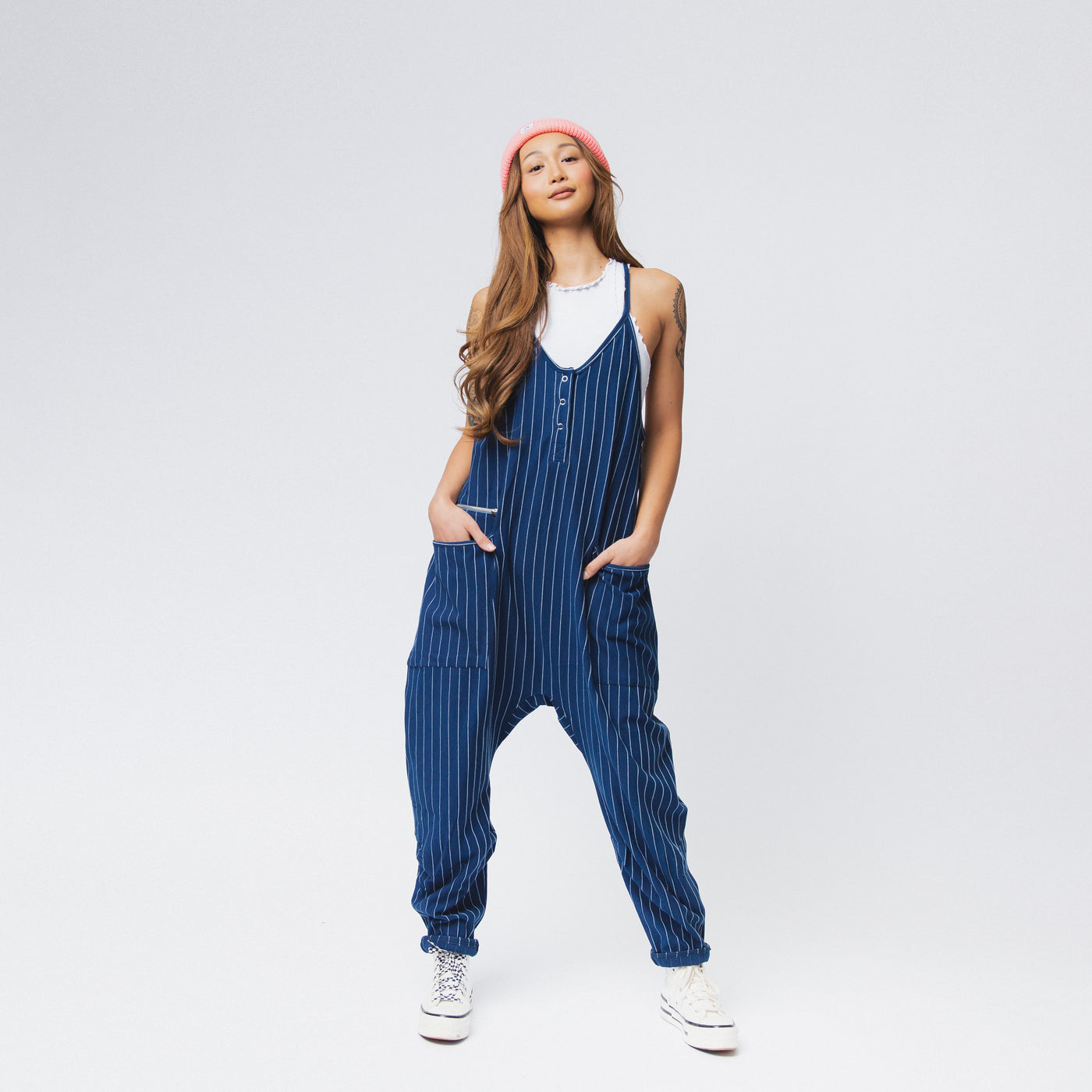 Women's Tank Romper - Blue Pinstripe