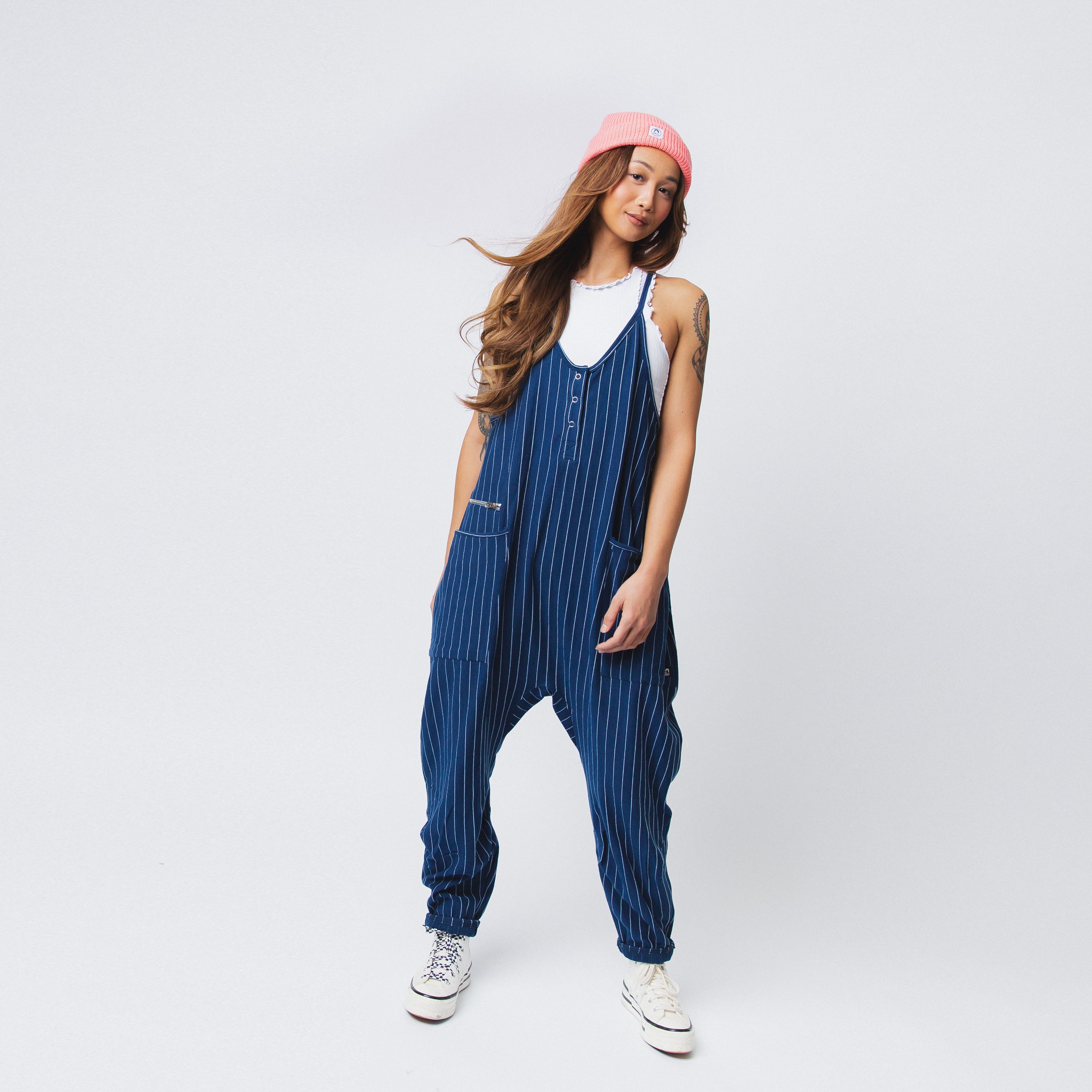 Women's Tank Romper - Blue Pinstripe