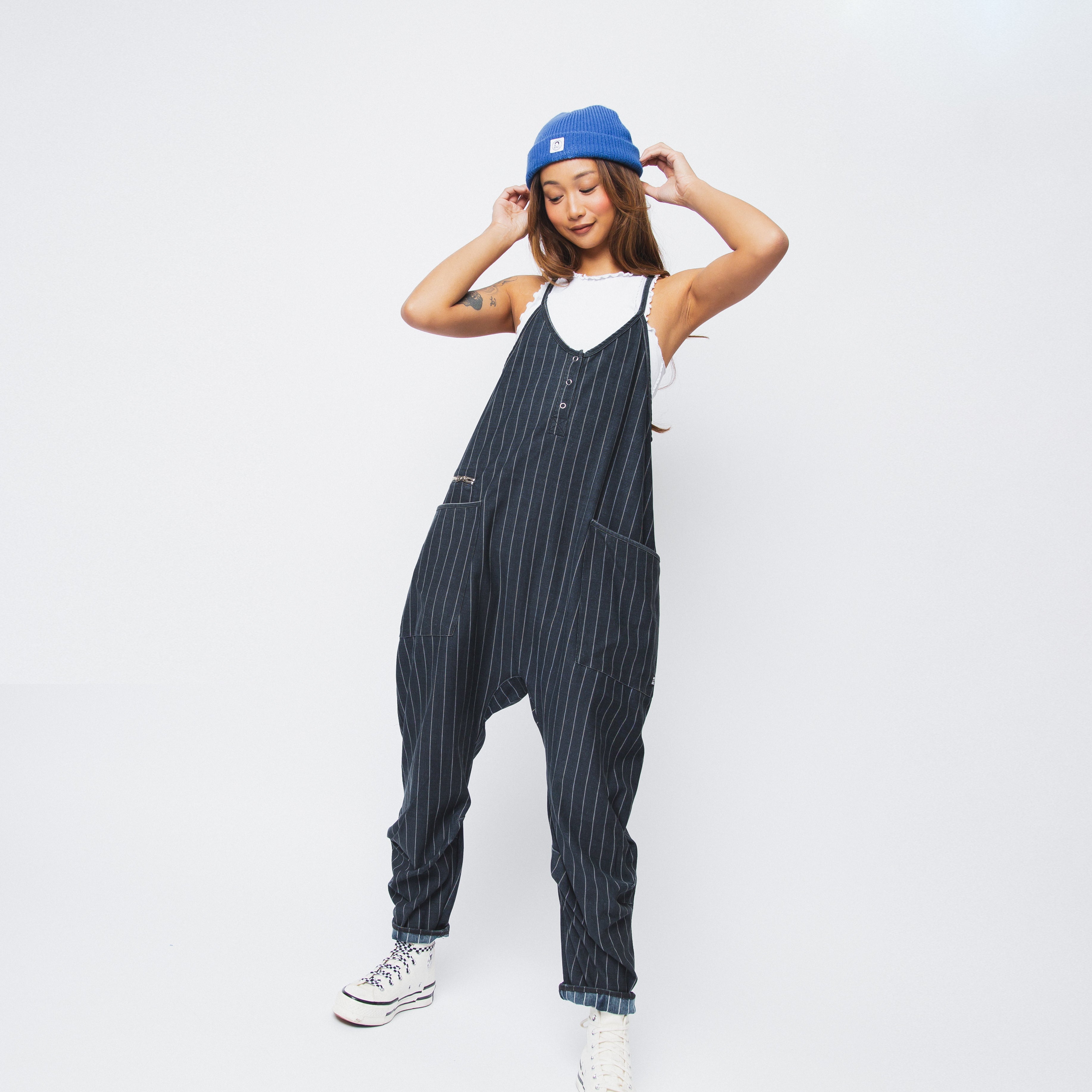Women's Tank Romper - Light Black Pinstripe