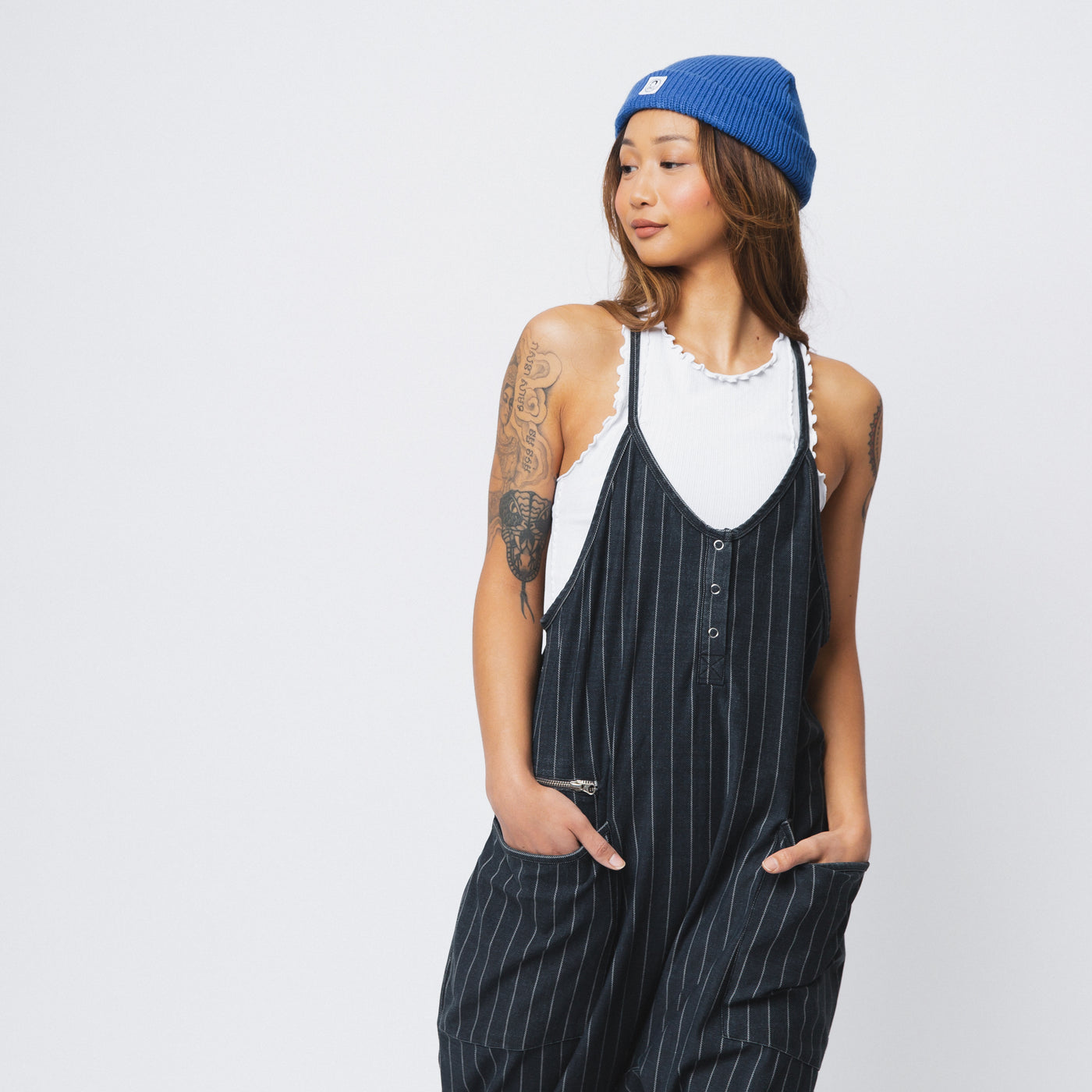 Women's Tank Romper - Light Black Pinstripe
