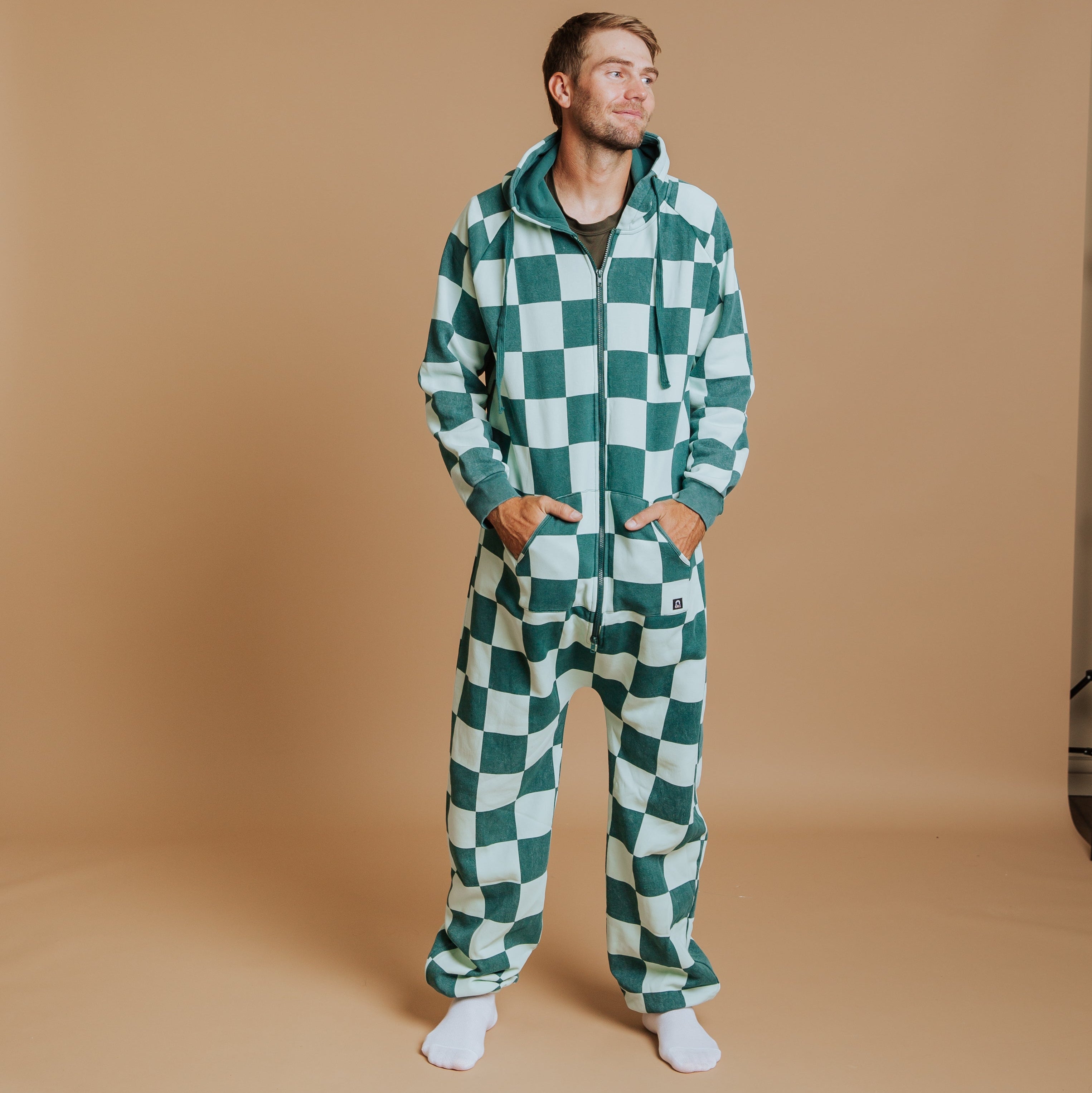 Adult Zip-Up Jumpsuit - Green Check