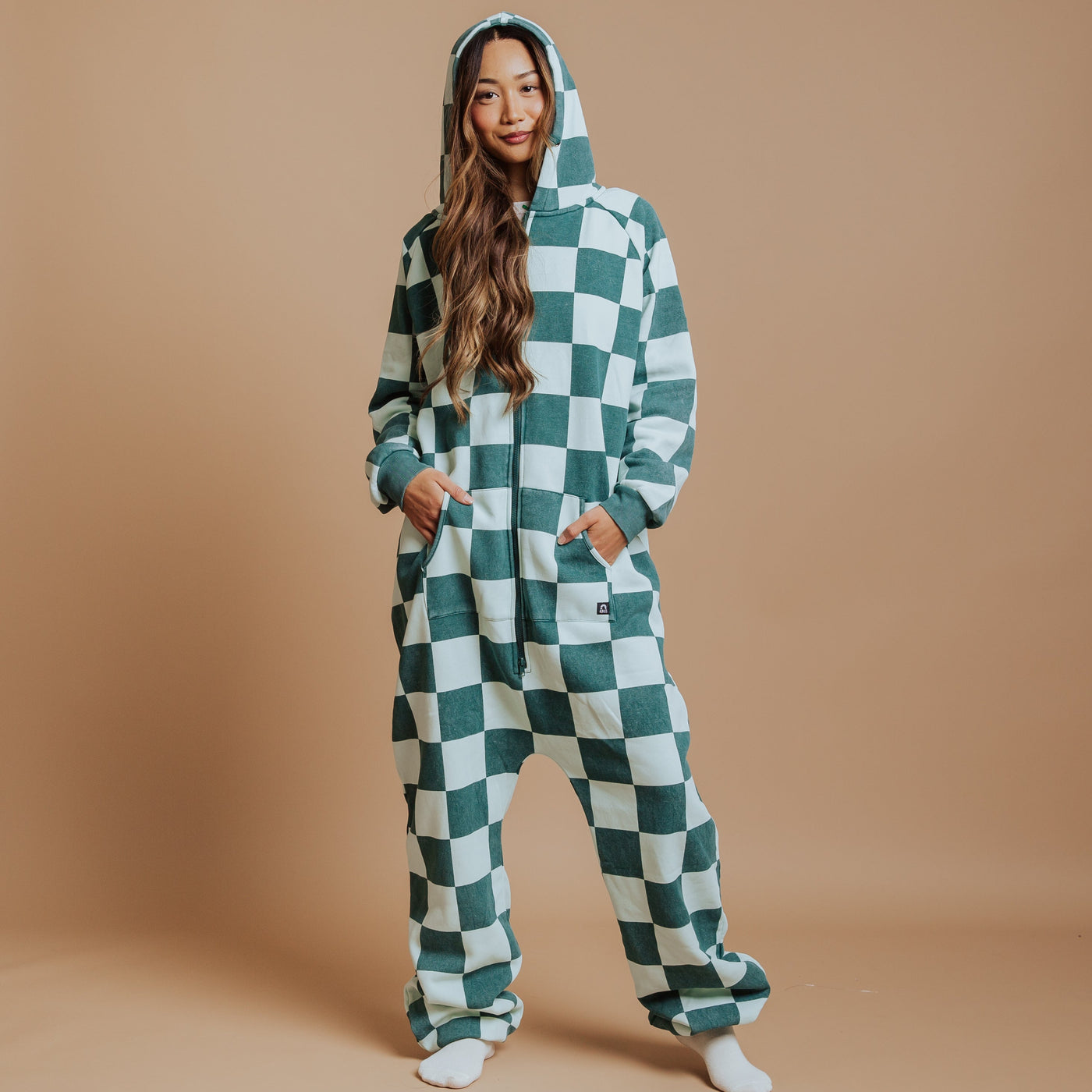 Adult Zip-Up Jumpsuit - Green Check