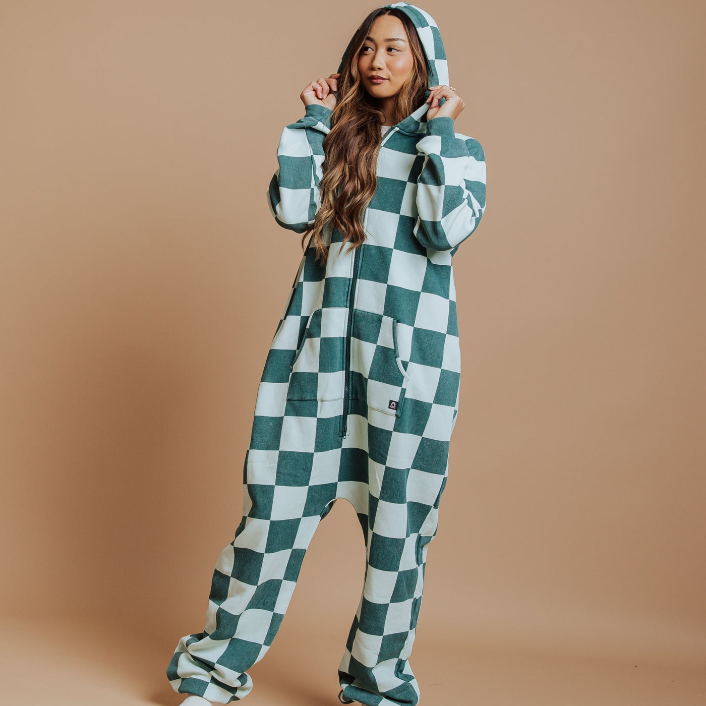 Adult Zip-Up Jumpsuit - Green Check