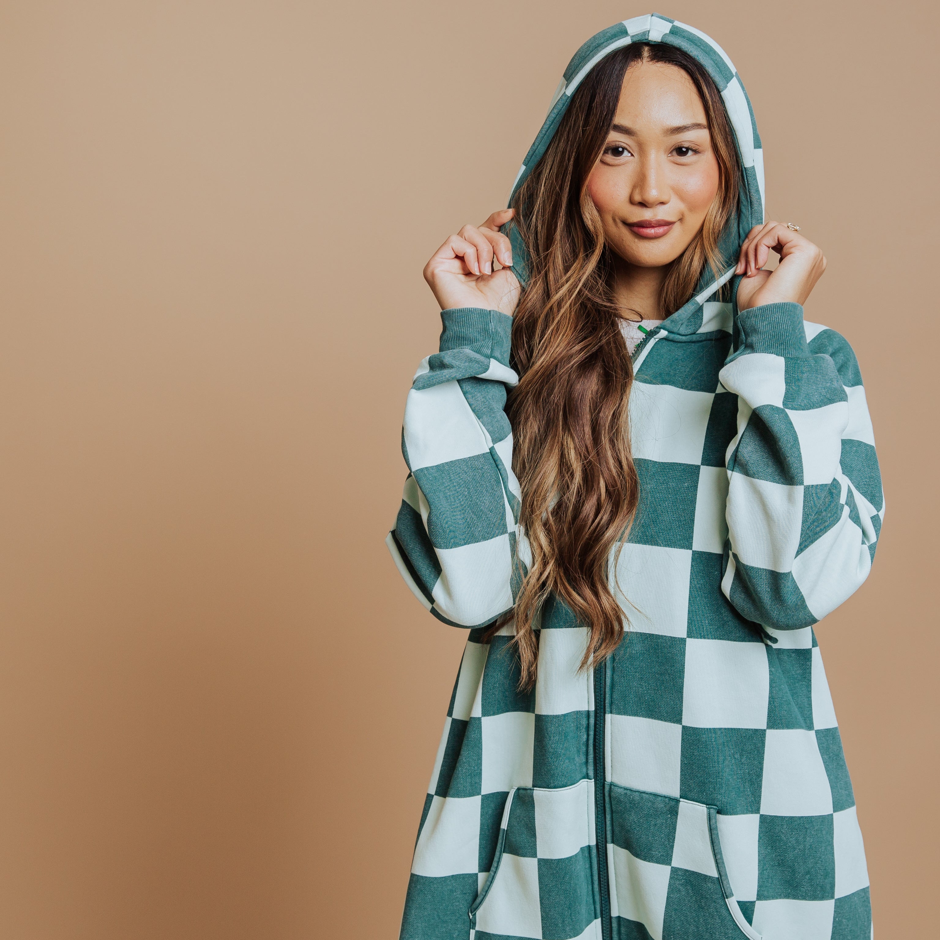 Adult Zip-Up Jumpsuit - Green Check
