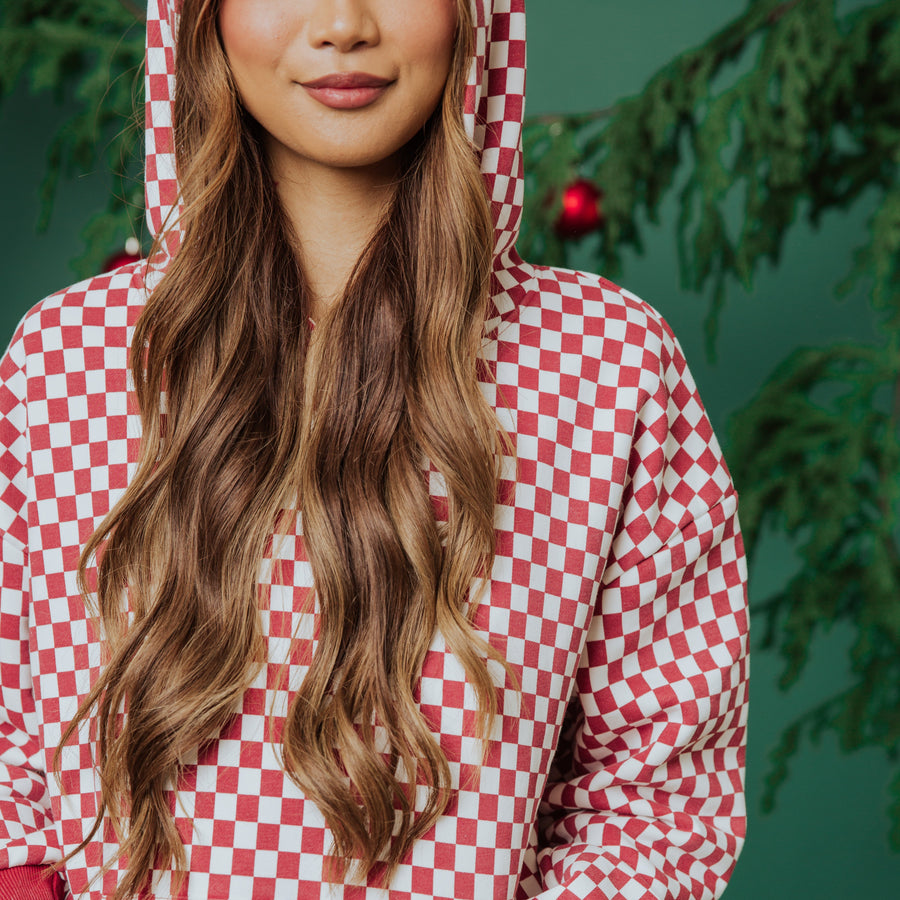 Adult Unisex Hoodie - Washed Red and White Mini Check