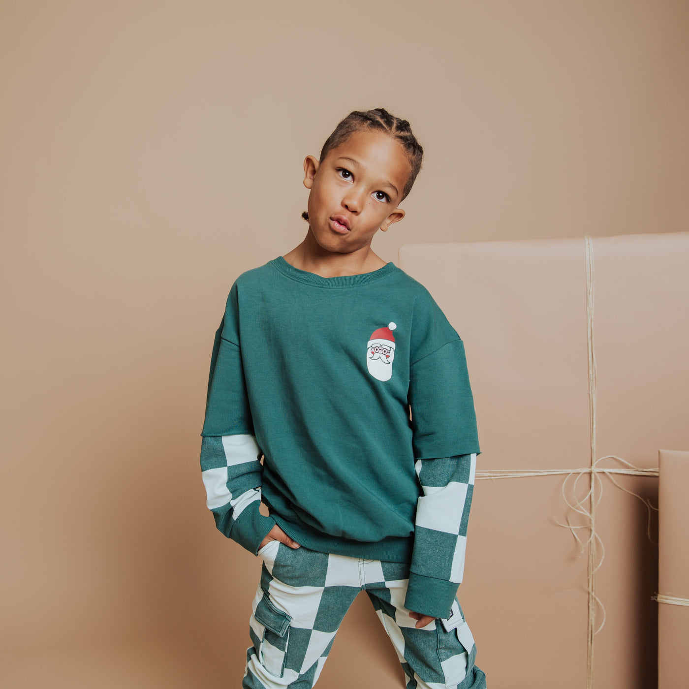 Kids Crewneck - Ho Ho Ho Green Check