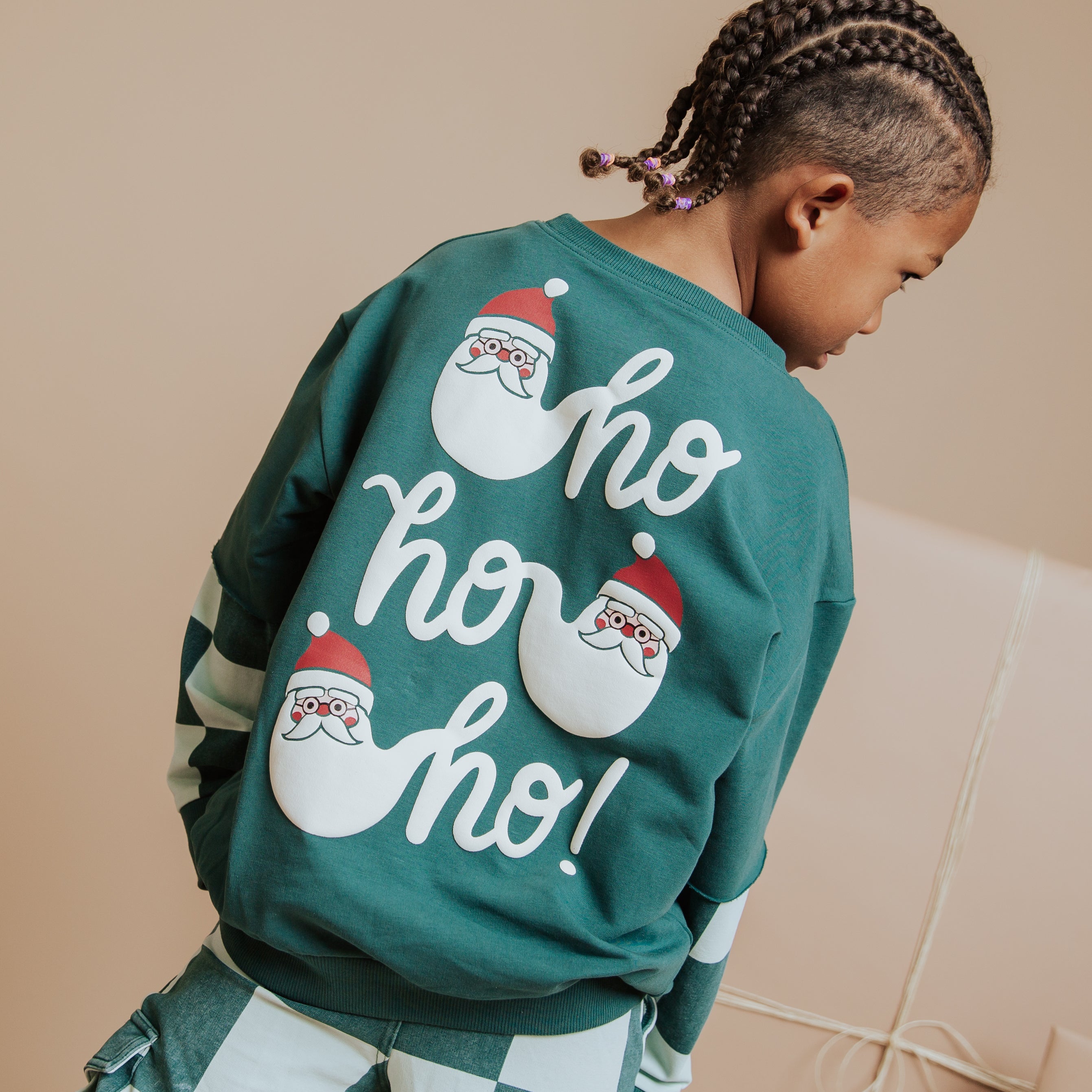 Kids Crewneck - Ho Ho Ho Green Check