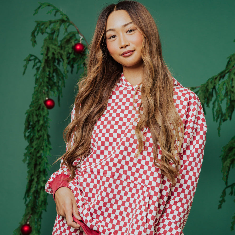 Adult Unisex Hoodie - Washed Red and White Mini Check