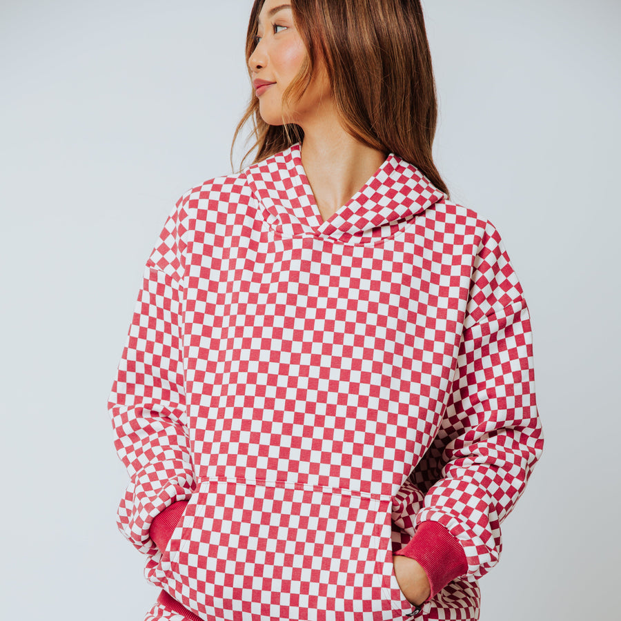 Adult Unisex Hoodie - Washed Red and White Mini Check