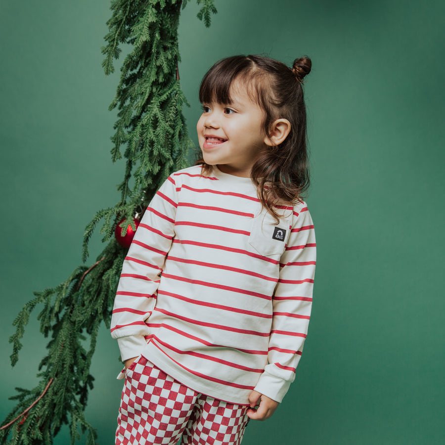 Essentials Long Sleeve Pocket Kids Tee - 'Holiday Red & White Stripe' - EXTENDED SHIP WINDOW