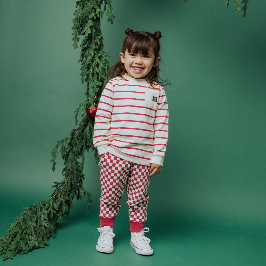 Essentials Long Sleeve Pocket Kids Tee - 'Holiday Red & White Stripe' - EXTENDED SHIP WINDOW