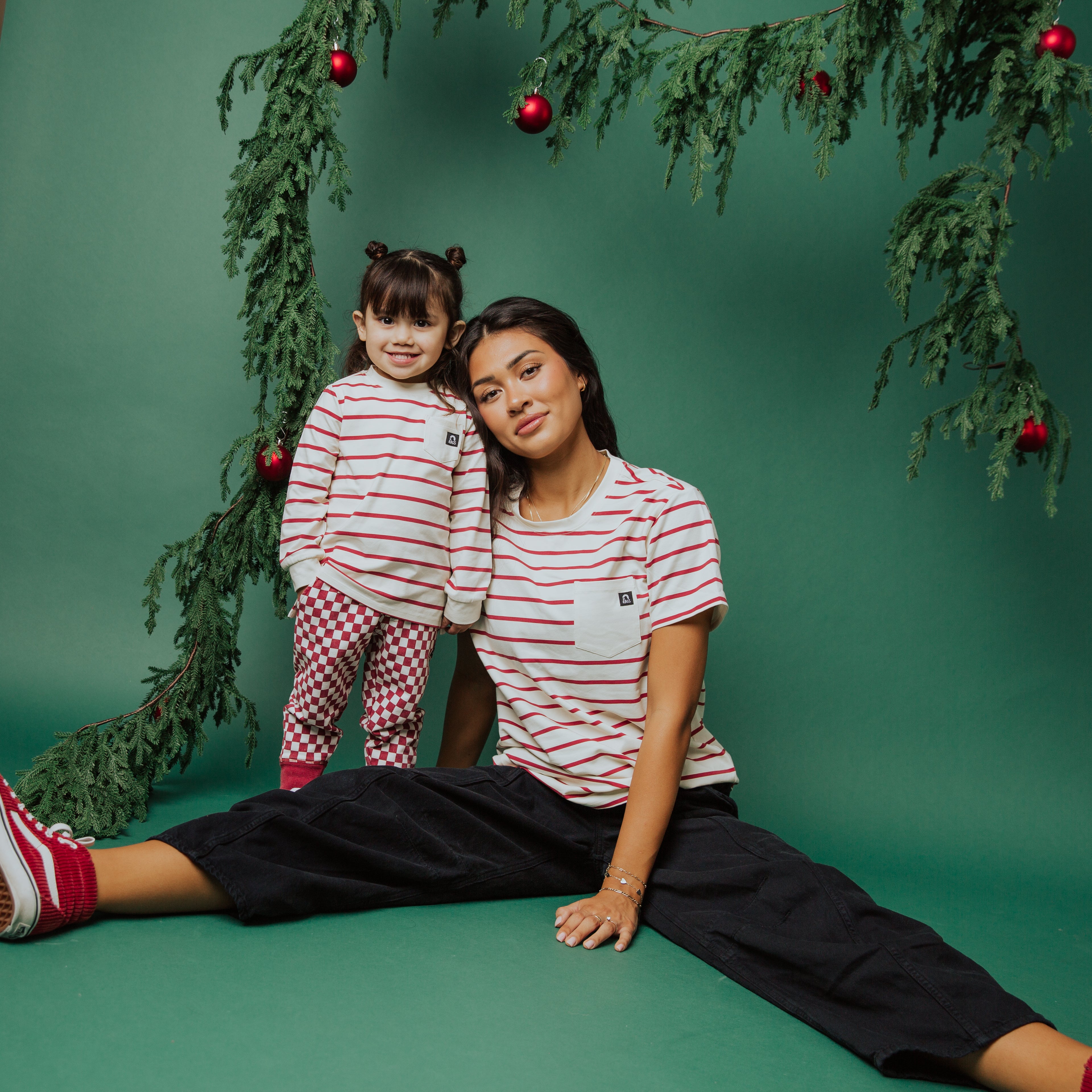Essentials Long Sleeve Pocket Kids Tee - 'Holiday Red & White Stripe'