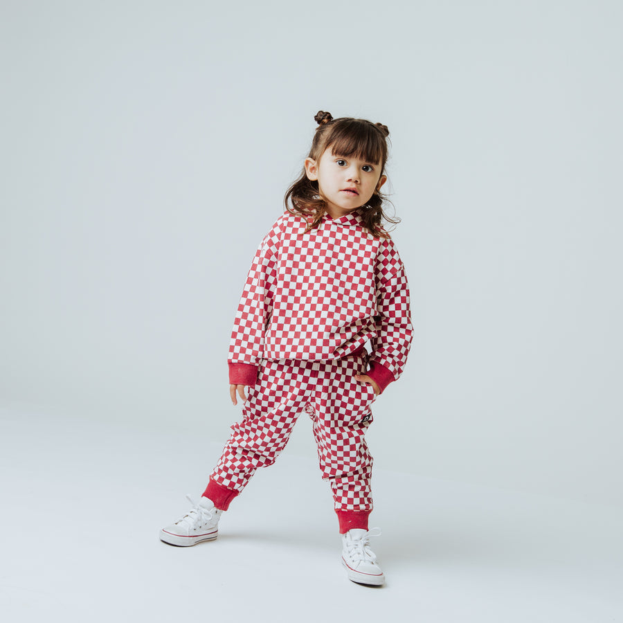 Kids Hoodie - Washed Red and White Mini Check