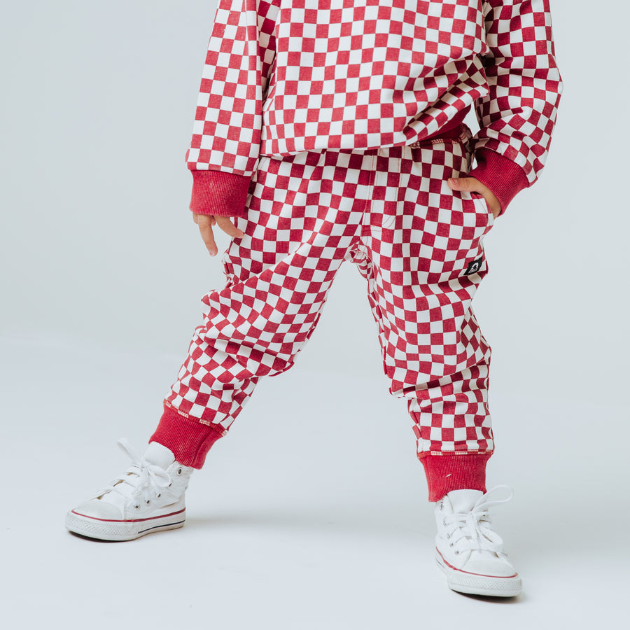 Relaxed Fit Joggers - Washed Red and White Mini Check