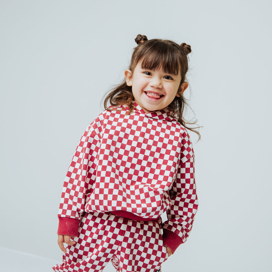 Kids Hoodie - Washed Red and White Mini Check