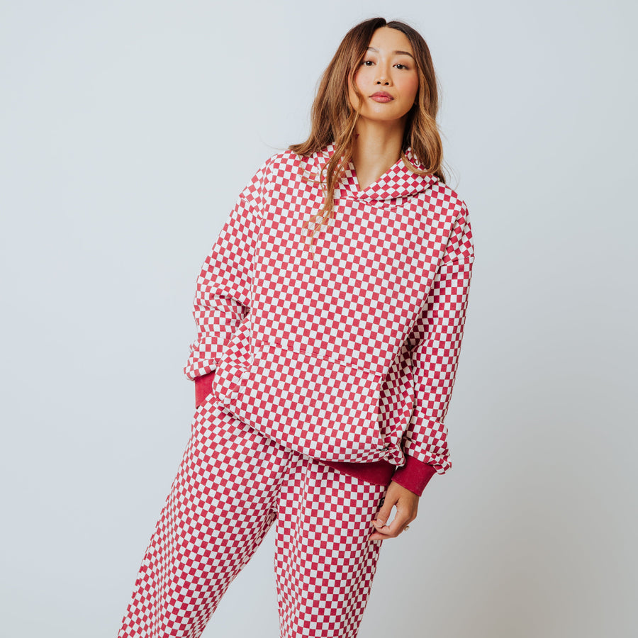 Adult Unisex Hoodie - Washed Red and White Mini Check