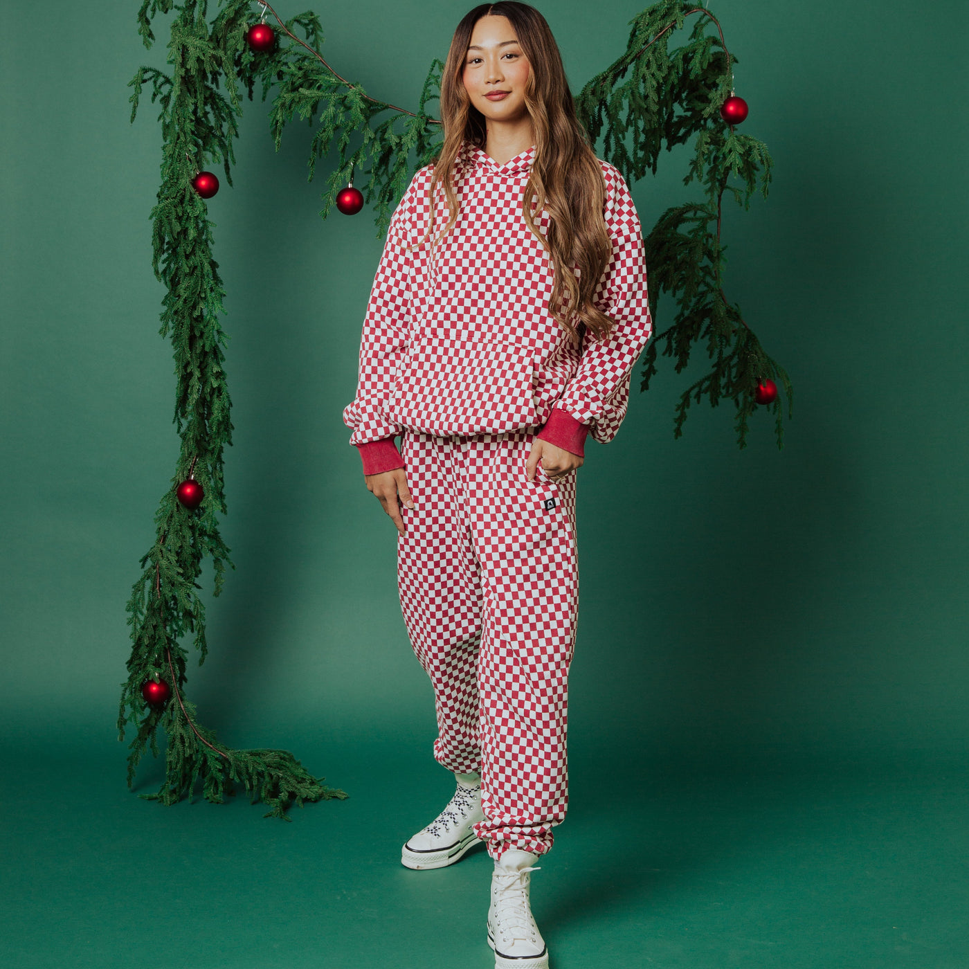 Adult Unisex Joggers - Washed Red and White Mini Check