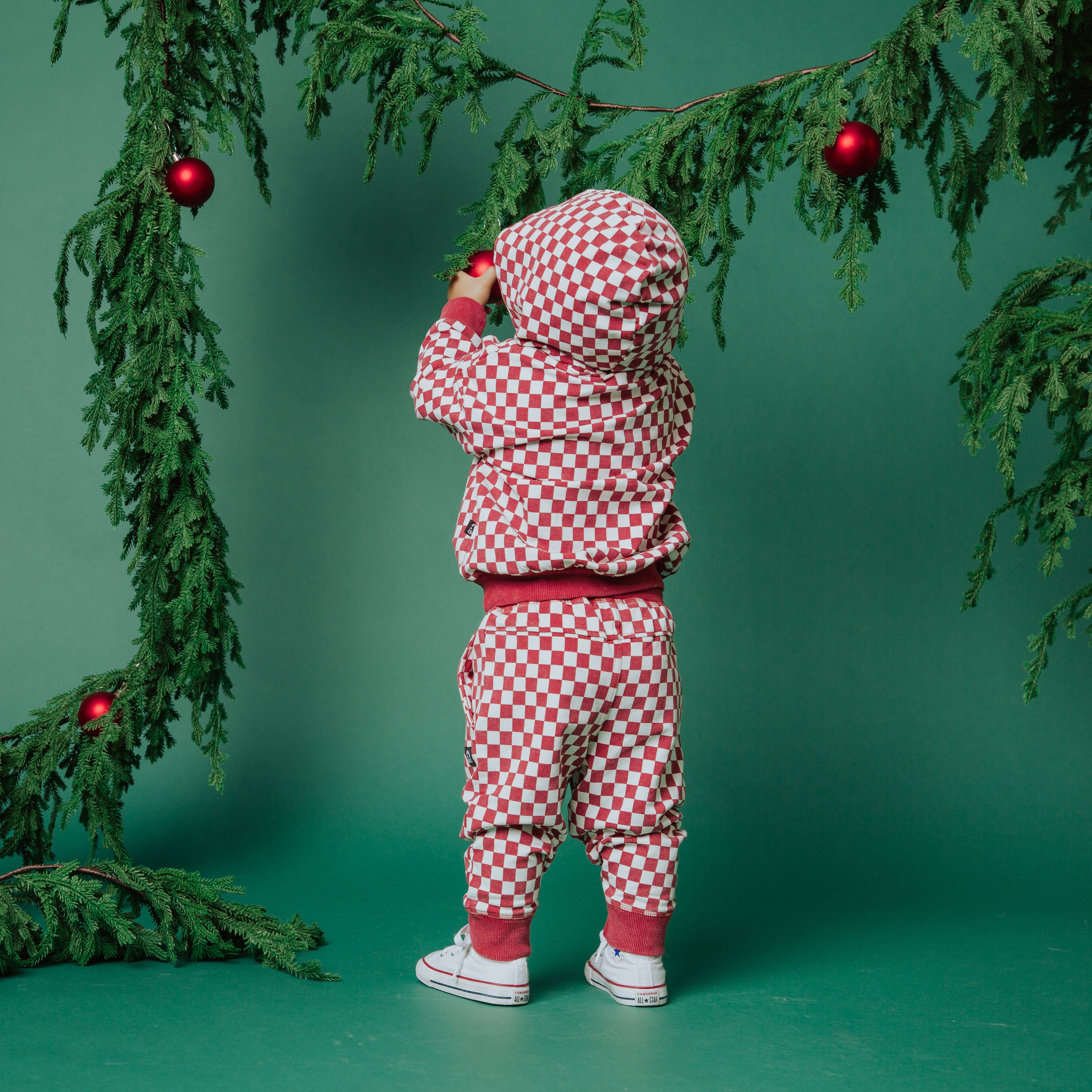 Kids Hoodie - Washed Red and White Mini Check