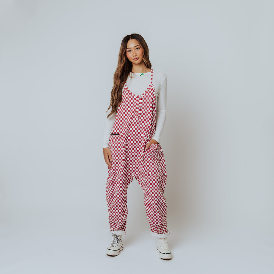 Women's Tank Romper - Washed Red and White Mini Check