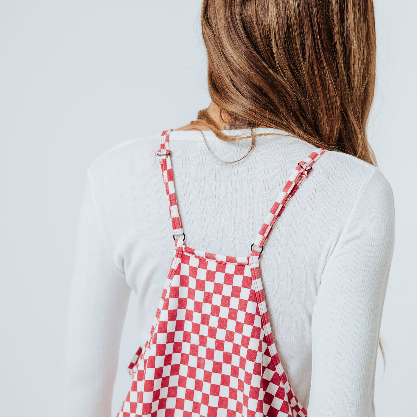 Women's Tank Romper - Washed Red and White Mini Check