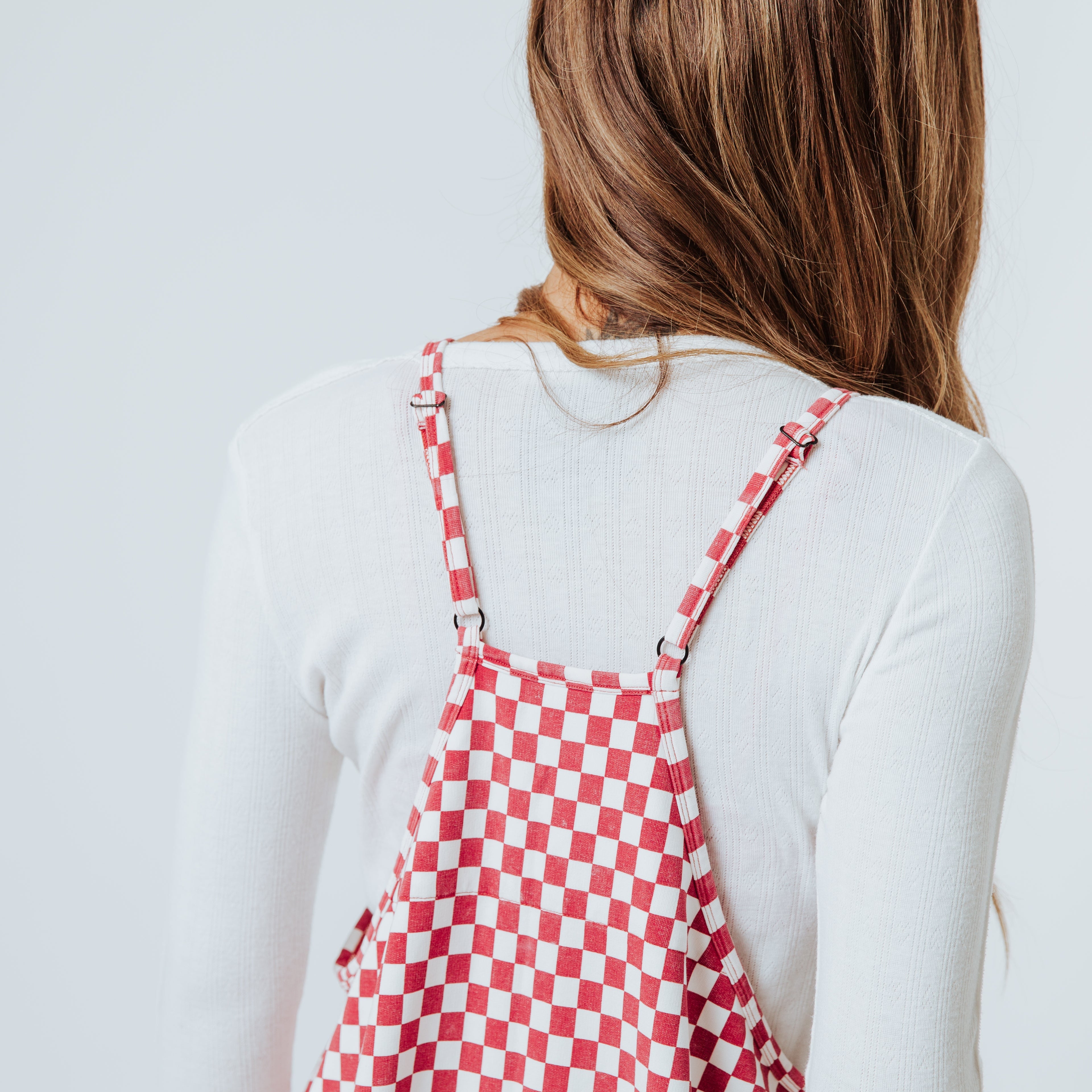 Women's Tank Romper - Washed Red and White Mini Check